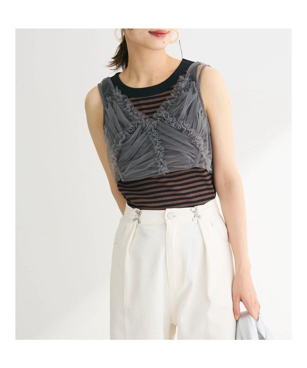 【グリーンパークス/Green Parks】の・ELENCARE DUE フリルチュールビスチェ インテリア・キッズ・メンズ・レディースファッション・服の通販 founy(ファニー) 　ファッション　Fashion　レディースファッション　Fashion for Women　トップス・カットソー　Cut & Sew Tops　ビスチェ　Bustiers & Corset Tops / Layered Bustier Style　シアー　Sheer, See-Through　シャーリング　Shirring, Ruched　タンク　Tank Top, Sleeveless Top　チュール　Tulip, Tulip Motif　ビスチェ　Bustier, Corset Top　フリル　Frill, Ruffle　ポケット　Pocket, Pocket Detail　A/W・秋冬　Autumn/Winter　Charcoal Gray|ID: prp329100004656770 ipo3291000000033684335