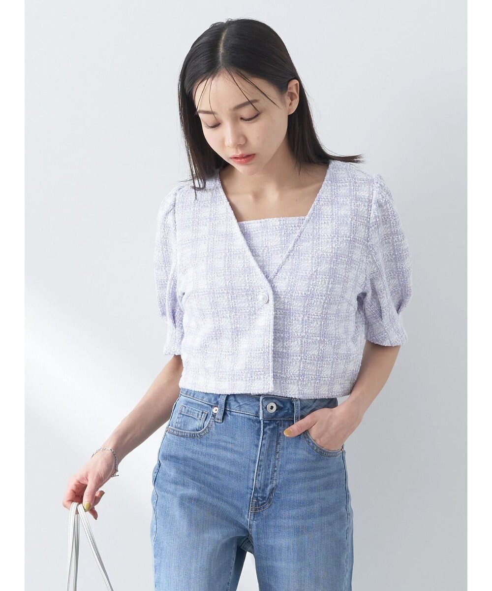 【アースミュージックアンドエコロジー/earth music&ecology】のSET2点 カットソーツィードアンサンブル インテリア・キッズ・メンズ・レディースファッション・服の通販 founy(ファニー) 　ファッション　Fashion　レディースファッション　Fashion for Women　トップス・カットソー　Cut & Sew Tops　カーディガン・羽織り　Layered Style Cardigans　アンサンブルニット　Knit Ensembles & Twin Sets　カットソー・ベーシックTシャツ　Cut-and-Sewn Tops / Stretch Tees & Basics　おすすめ　Recommended / Our Picks　アンサンブル　Ensemble Set　インナー　Innerwear　カーディガン　Cardigan, Knitwear　ショート　Short, Short Length　ジャケット　Jacket, Outerwear　セットアップ　Set-Up, Coordinated Outfit　デコルテ　Décolleté, Neckline　パール　Pearl, Pearl Accent　ポケット　Pocket, Pocket Detail　エレガント 上品　Elegant　夏　Summer　春　Spring　S/S・春夏　SS, Spring/Summer, Warm Season　Light Purple|ID: prp329100004657107 ipo3291000000034252821