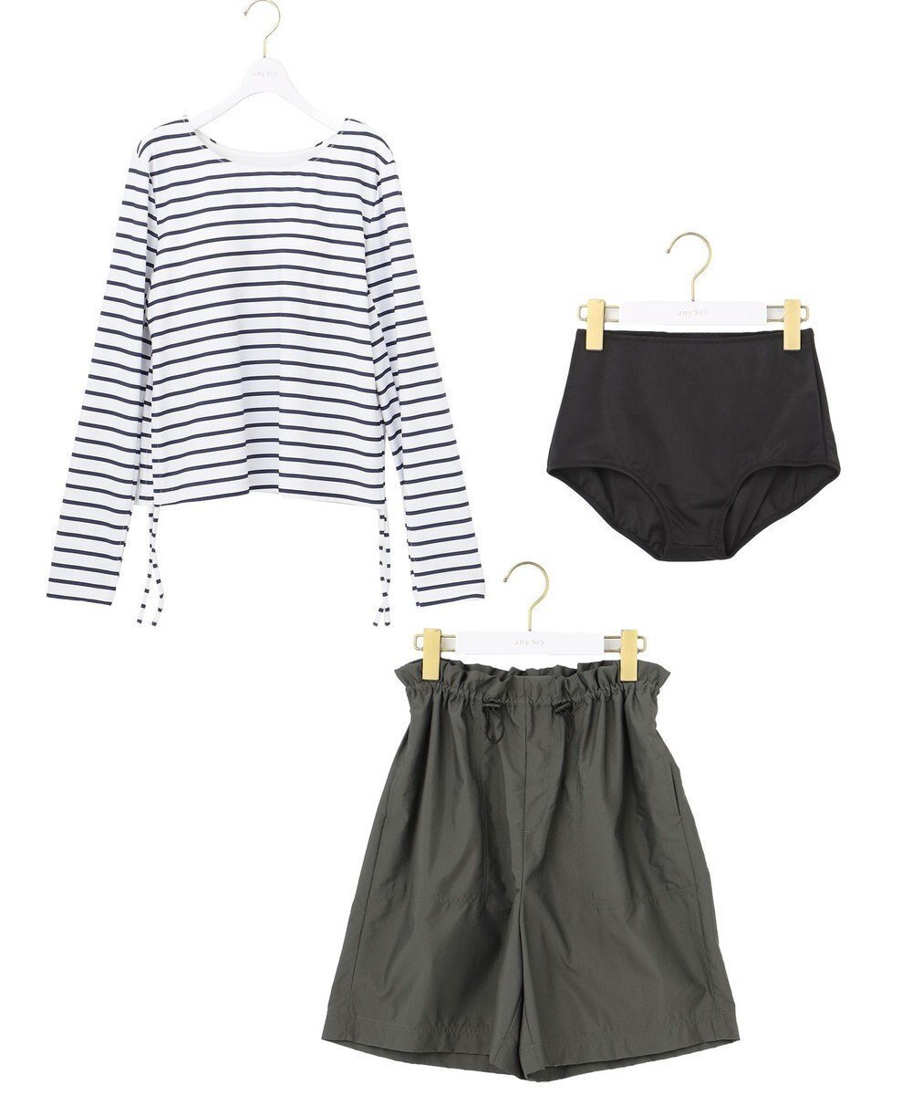 【エニィ スィス/any SiS】の【3SET】マリン スイムウェア インテリア・キッズ・メンズ・レディースファッション・服の通販 founy(ファニー) 　ファッション　Fashion　レディースファッション　Fashion for Women　水着　Swimwear　レディース水着・ビーチウェア　Swimwear & Beachwear　インナー　Innerwear　ウォッシャブル　Machine Washable　春　Spring　洗える　Machine Washable　ショーツ　Shorts, Short Pants　ストレッチ　Stretch, Stretchy Fabric　セットアップ　Set-Up, Coordinated Outfit　ティアード　Tiered, Tiered Style　長袖　Long Sleeve, Full Sleeve　フィット　Fit, Slim Fit　フェミニン　Feminine, Girly　ボーダー　Border, Stripe　ポケット　Pocket, Pocket Detail　メッシュ　Mesh, Net Fabric　水着　Swimsuit, Swimwear　リボン　Ribbon, Bow　S/S・春夏　SS, Spring/Summer, Warm Season　おすすめ　Recommended / Our Picks　夏　Summer　エレガント 上品　Elegant　新作・新入荷　New Arrivals / New In　オフ×ネイビーストライプ×カーキ|ID: prp329100004659673 ipo3291000000034724955