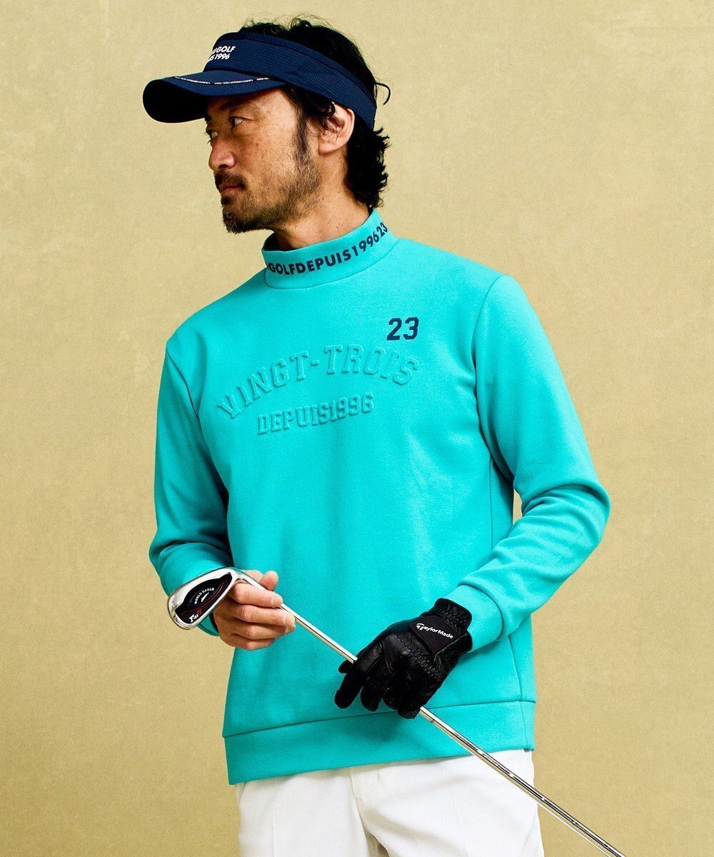 【23区 ゴルフ/23区GOLF / MEN】の【MEN】パターンからゴルフに合わせたしっかり素材のカノコダンボールモック インテリア・キッズ・メンズ・レディースファッション・服の通販 founy(ファニー) 　ファッション　Fashion　メンズファッション　Fashion for Men　トップス・カットソー　Cut & Sew Tops　コンパクト　Compact, Small Size　ゴルフ　Golf　スウェット / スエット　Sweatshirt, Sweatwear　ストレッチ　Stretch, Stretchy Fabric　スリム　Slim, Slim Fit　パターン　Pattern, Design Print　フラット　Flat, Flat Shoes　フロント　Front, Front Design　ブルゾン　Blouson, Bomber Jacket　モックネック　Mock Neck, Short Turtleneck　夏　Summer　春　Spring　S/S・春夏　SS, Spring/Summer, Warm Season　ターコイズブルー系|ID: prp329100004659755 ipo3291000000034309867