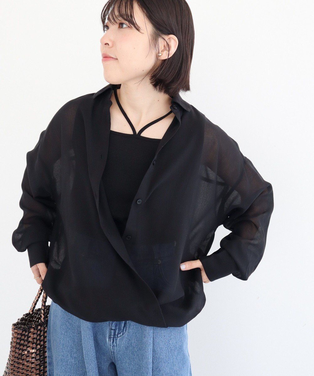 【グリーンパークス/Green Parks】のカシュクールシアーシャツ インテリア・キッズ・メンズ・レディースファッション・服の通販 founy(ファニー) 　ファッション　Fashion　レディースファッション　Fashion for Women　トップス・カットソー　Cut & Sew Tops　シャツ・ブラウス・オフィスカジュアル　Elegant Blouses & Button-Ups　カシュクール　Wrap Design　シアー　Sheer, See-Through　スタイリッシュ　Stylish, Fashionable　チェック　Check, Plaid, Tartan　ベーシック　Basic, Essential　ポケット　Pocket, Pocket Detail　無地　Plain, Solid Color　A/W・秋冬　Autumn/Winter　Black|ID: prp329100004661189 ipo3291000000033730209
