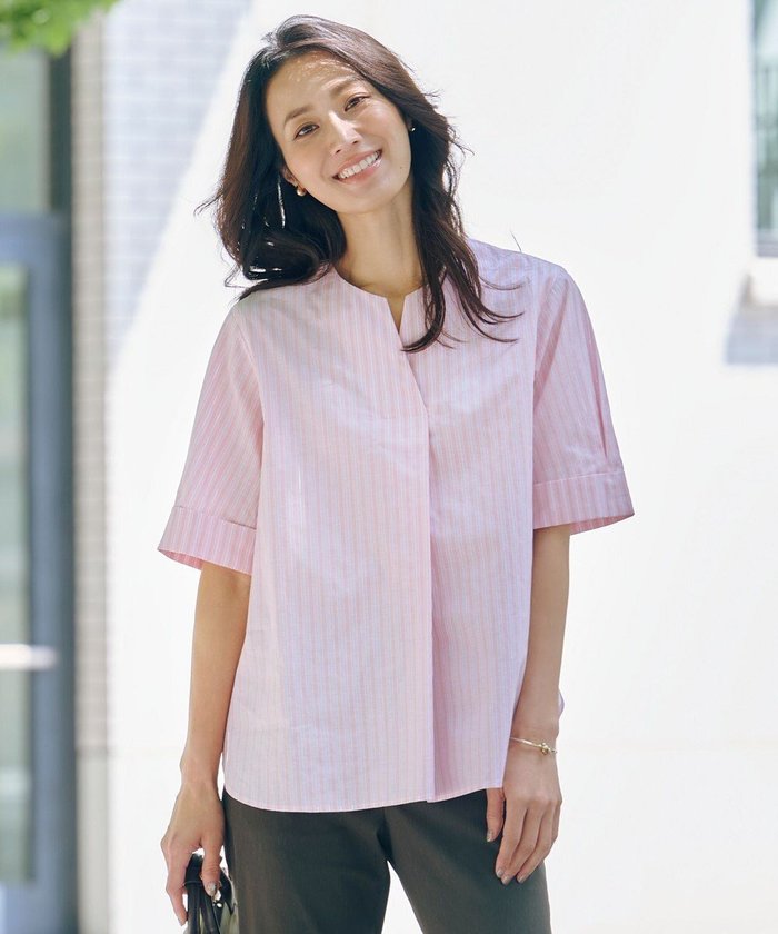 【ジェイ プレス/J.PRESS】の【洗える】BEZ 空羽ストライプ クルーネック ブラウス インテリア・キッズ・メンズ・レディースファッション・服の通販 founy(ファニー) https://founy.com/ ファッション Fashion レディースファッション Fashion for Women トップス・カットソー Cut & Sew Tops シャツ・ブラウス・オフィスカジュアル Elegant Blouses & Button-Ups 春 Spring 洗える Machine Washable カフス Cuff Design ストライプ Stripe, Striped Pattern 半袖 Short Sleeve, Half Sleeve S/S・春夏 SS, Spring/Summer, Warm Season 夏 Summer ビジネス 仕事 通勤 Business / Work / Commuting |ID: prp329100004662565 ipo3291000000033735408