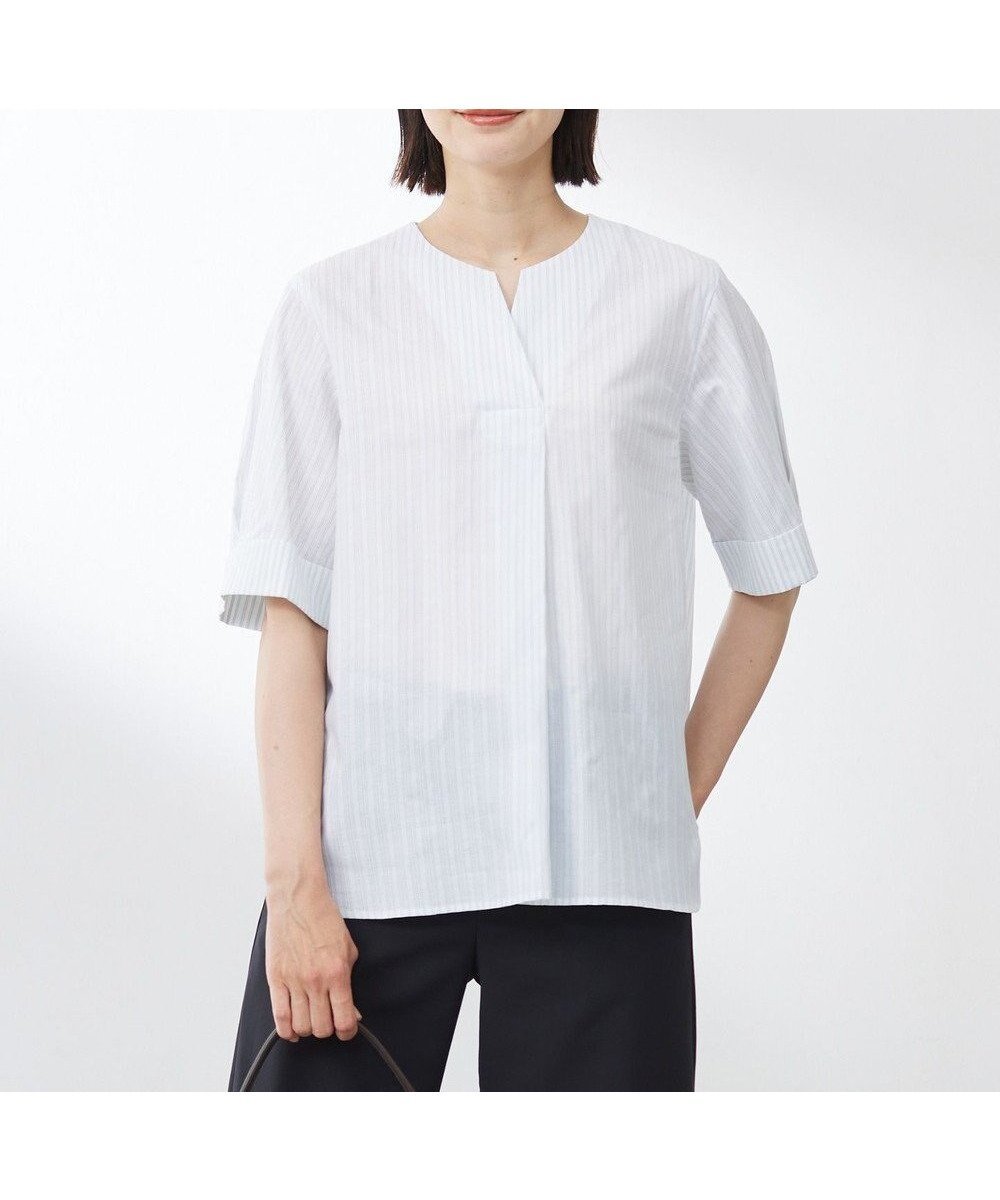 【ジェイ プレス/J.PRESS】の【洗える】BEZ 空羽ストライプ クルーネック ブラウス インテリア・キッズ・メンズ・レディースファッション・服の通販 founy(ファニー) 　ファッション　Fashion　レディースファッション　Fashion for Women　トップス・カットソー　Cut & Sew Tops　シャツ・ブラウス・オフィスカジュアル　Elegant Blouses & Button-Ups　春　Spring　洗える　Machine Washable　カフス　Cuff Design　ストライプ　Stripe, Striped Pattern　半袖　Short Sleeve, Half Sleeve　S/S・春夏　SS, Spring/Summer, Warm Season　夏　Summer　ビジネス 仕事 通勤　Business / Work / Commuting　ホワイト系|ID: prp329100004662565 ipo3291000000033735412