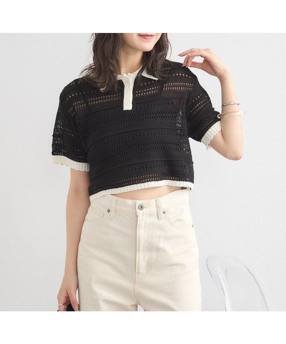 【アースミュージックアンドエコロジー/earth music&ecology】のキラキラボタン透かしニットポロ インテリア・キッズ・メンズ・レディースファッション・服の通販 founy(ファニー) 　ファッション　Fashion　レディースファッション　Fashion for Women　トップス・カットソー　Cut & Sew Tops　ニット　Knit Tops & Sweaters　ショート　Short, Short Length　セーター　Sweater, Knitwear　トレンド　Trend, Trending Now　ボトム　Bottoms, Lower Wear　ポケット　Pocket, Pocket Detail　夏　Summer　春　Spring　S/S・春夏　SS, Spring/Summer, Warm Season　透かし　Cut-Out, Lacework　Black|ID: prp329100004663005 ipo3291000000033737118