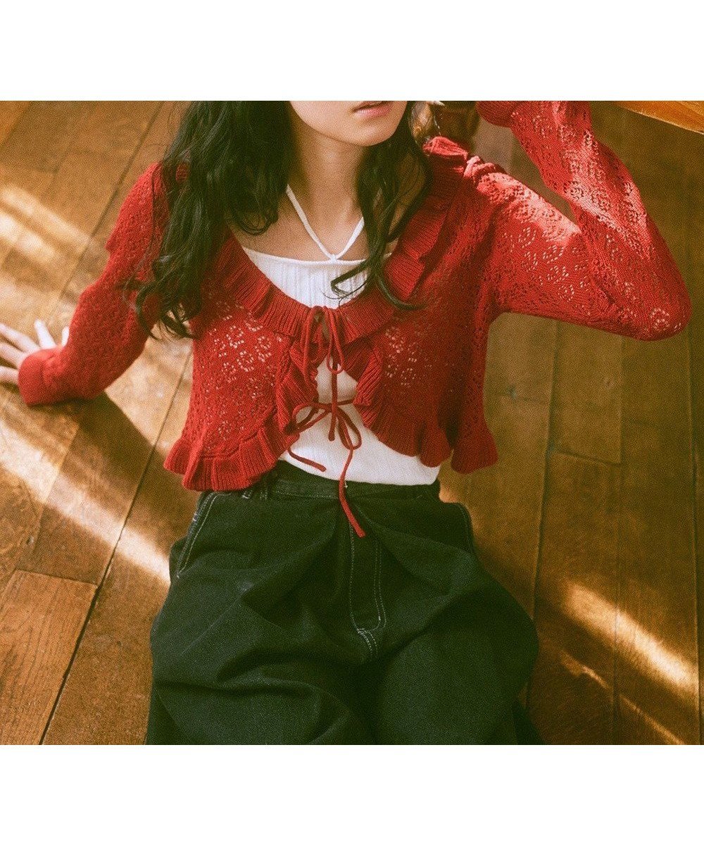 【アースミュージックアンドエコロジー/earth music&ecology】の透かし編みフロントリボンフリルカーディガン インテリア・キッズ・メンズ・レディースファッション・服の通販 founy(ファニー) ファッション Fashion レディースファッション Fashion for Women トップス・カットソー Cut & Sew Tops カーディガン・羽織り Layered Style Cardigans おすすめ Recommended / Our Picks エアリー Airy Texture カーディガン Cardigan, Knitwear コンパクト Compact, Small Size ショート Short, Short Length フィット Fit, Slim Fit フリル Frill, Ruffle ポケット Pocket, Pocket Detail リボン Ribbon, Bow ロマンティック Romantic, Feminine Style 今季 This Season, Current Season 夏 Summer 春 Spring S/S・春夏 SS, Spring/Summer, Warm Season Red|ID: prp329100004663916 ipo3291000000033740522