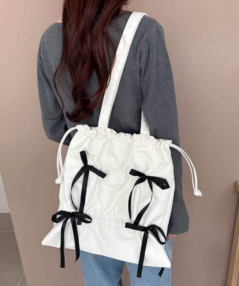 【ウィゴー/WEGO】のドロストリボンギャザートート インテリア・キッズ・メンズ・レディースファッション・服の通販 founy(ファニー) 　ファッション　Fashion　レディースファッション　Fashion for Women　バッグ　Bags　おすすめ　Recommended / Our Picks　スマホ　Smartphone, Mobile Device　デニム　Denim, Jeans Material　トレンド　Trend, Trending Now　ビジュー　Bijou, Jewel-like Accent　フロント　Front, Front Design　リボン　Ribbon, Bow　夏　Summer　春　Spring　S/S・春夏　SS, Spring/Summer, Warm Season　ビジネス 仕事 通勤　Business / Work / Commuting　ホワイト|ID: prp329100004664568 ipo3291000000033743022