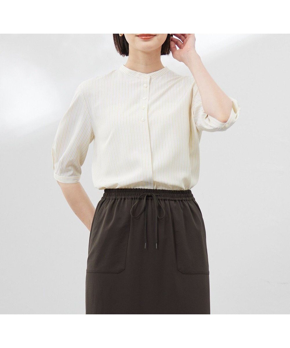 【ジェイ プレス/J.PRESS】の【洗える】ストライプ バンドカラー ブラウス インテリア・キッズ・メンズ・レディースファッション・服の通販 founy(ファニー) 　ファッション　Fashion　レディースファッション　Fashion for Women　トップス・カットソー　Cut & Sew Tops　シャツ・ブラウス・オフィスカジュアル　Elegant Blouses & Button-Ups　イエロー　Yellow　春　Spring　洗える　Machine Washable　コンパクト　Compact, Small Size　シンプル　Simple, Minimal　ストライプ　Stripe, Striped Pattern　ストレッチ　Stretch, Stretchy Fabric　なめらか　Smooth, Silky Texture　バランス　Balance, Style Balance　ボトム　Bottoms, Lower Wear　ワイド　Wide, Wide Fit　S/S・春夏　SS, Spring/Summer, Warm Season　夏　Summer　イエローストライプ系|ID: prp329100004664608 ipo3291000000033743144