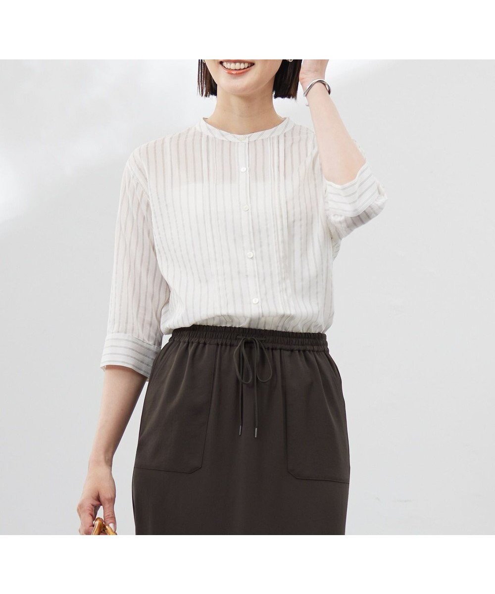 【ジェイ プレス/J.PRESS】の【洗える】シアーピンストライプ ブラウスライク カットソー インテリア・キッズ・メンズ・レディースファッション・服の通販 founy(ファニー) 　ファッション　Fashion　レディースファッション　Fashion for Women　トップス・カットソー　Cut & Sew Tops　シャツ・ブラウス・オフィスカジュアル　Elegant Blouses & Button-Ups　ロングTシャツ・Tシャツ　Longline T-Shirts & Tees　カットソー・ベーシックTシャツ　Cut-and-Sewn Tops / Stretch Tees & Basics　春　Spring　洗える　Machine Washable　カットソー　Cut and Sewn Top　ストライプ　Stripe, Striped Pattern　ミックス　Mix, Mixed Style　S/S・春夏　SS, Spring/Summer, Warm Season　夏　Summer　オフ×ダークブラウン系|ID: prp329100004664611 ipo3291000000033743155