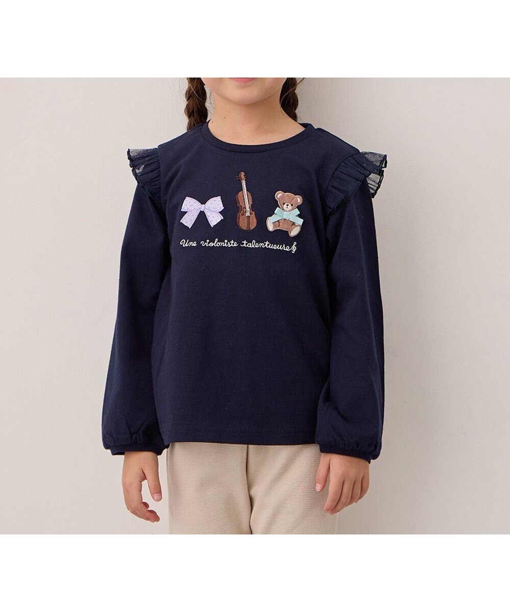 【エニィ/ANY / KIDS】のおけいこモチーフ刺繍入り 長袖Tシャツ インテリア・キッズ・メンズ・レディースファッション・服の通販 founy(ファニー) 　ファッション　Fashion　キッズファッション　Fashion for Kids　トップス・カットソー　Cut & Sew Tops　カットソー　Cut and Sewn Top　ガーリー　Girly, Feminine Style　シンプル　Simple, Minimal　セットアップ　Set-Up, Coordinated Outfit　長袖　Long Sleeve, Full Sleeve　バレエ　Ballet, Ballet Style　フリル　Frill, Ruffle　ポケット　Pocket, Pocket Detail　モチーフ　Motif, Design Theme　ラベンダー　Lavender　リボン　Ribbon, Bow　A/W・秋冬　Autumn/Winter　おすすめ　Recommended / Our Picks　ネイビー(くま×バイオリン)|ID: prp329100004664944 ipo3291000000033745306