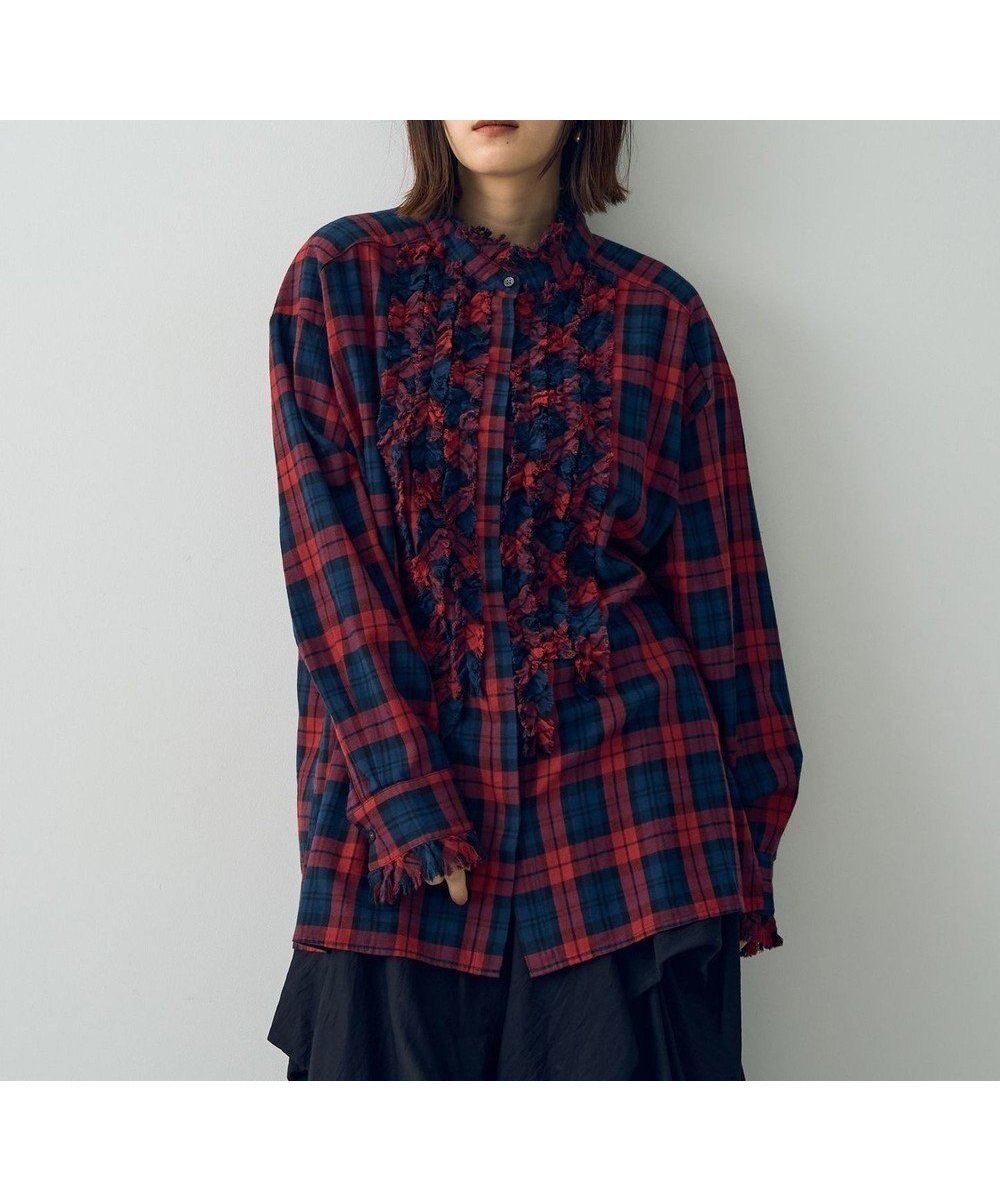 【イェッカ ヴェッカ/YECCA VECCA】のチェック柄フリルデザインロングシャツ インテリア・キッズ・メンズ・レディースファッション・服の通販 founy(ファニー) 　ファッション　Fashion　レディースファッション　Fashion for Women　トップス・カットソー　Cut & Sew Tops　シャツ・ブラウス・オフィスカジュアル　Elegant Blouses & Button-Ups　おすすめ　Recommended / Our Picks　ウォッシュ　Washed Finish　チェック　Check, Plaid, Tartan　トレンド　Trend, Trending Now　バランス　Balance, Style Balance　ビッグ　Big, Oversized　フリル　Frill, Ruffle　フロント　Front, Front Design　ボトム　Bottoms, Lower Wear　ポケット　Pocket, Pocket Detail　ロング　Long, Long-Length　A/W・秋冬　Autumn/Winter　Red|ID: prp329100004665128 ipo3291000000033746094