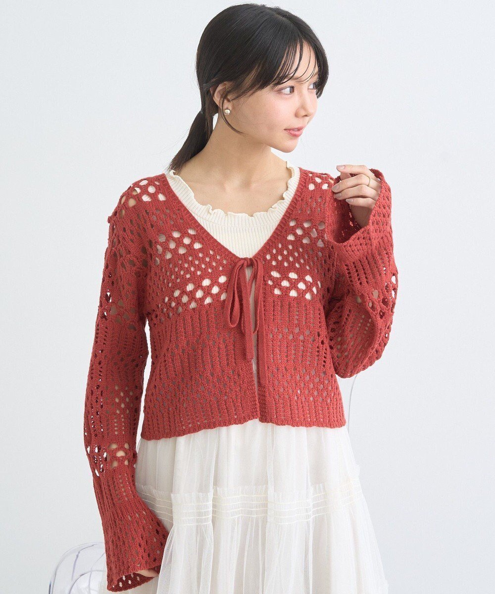 【アースミュージックアンドエコロジー/earth music&ecology】のフロントリボン透かし編みカーディガン インテリア・キッズ・メンズ・レディースファッション・服の通販 founy(ファニー) ファッション Fashion レディースファッション Fashion for Women トップス・カットソー Cut & Sew Tops カーディガン・羽織り Layered Style Cardigans インナー Innerwear カーディガン Cardigan, Knitwear ショート Short, Short Length デニム Denim, Jeans Material バランス Balance, Style Balance フェミニン Feminine, Girly フロント Front, Front Design ポケット Pocket, Pocket Detail リボン Ribbon, Bow 夏 Summer 春 Spring S/S・春夏 SS, Spring/Summer, Warm Season 透かし Cut-Out, Lacework Red|ID: prp329100004665164 ipo3291000000034244289