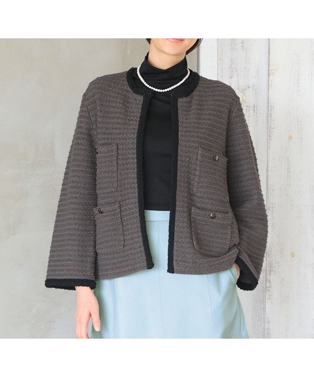 【自由区/JIYU-KU】のツイードライクニット カーディガン インテリア・キッズ・メンズ・レディースファッション・服の通販 founy(ファニー) 　ファッション　Fashion　レディースファッション　Fashion for Women　トップス・カットソー　Cut & Sew Tops　ニット　Knit Tops & Sweaters　カーディガン・羽織り　Layered Style Cardigans　カーディガン　Cardigan, Knitwear　コンパクト　Compact, Small Size　ジャケット　Jacket, Outerwear　ツイード　Twill, Twill Weave　トリミング　Trimming, Decorative Edge　トレンド　Trend, Trending Now　ボトム　Bottoms, Lower Wear　ポケット　Pocket, Pocket Detail　A/W・秋冬　Autumn/Winter　グレー系|ID: prp329100004665181 ipo3291000000034355188