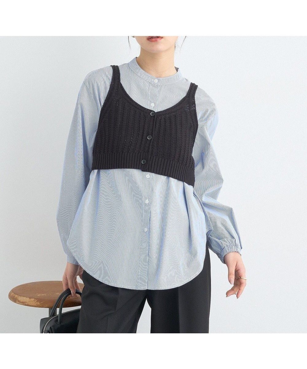 【アースミュージックアンドエコロジー/earth music&ecology】のSET2点透かしニットビスチェ+シャツ インテリア・キッズ・メンズ・レディースファッション・服の通販 founy(ファニー) 　ファッション　Fashion　レディースファッション　Fashion for Women　トップス・カットソー　Cut & Sew Tops　ニット　Knit Tops & Sweaters　シャツ・ブラウス・オフィスカジュアル　Elegant Blouses & Button-Ups　ビスチェ　Bustiers & Corset Tops / Layered Bustier Style　アンサンブル　Ensemble Set　シンプル　Simple, Minimal　ストライプ　Stripe, Striped Pattern　ポケット　Pocket, Pocket Detail　夏　Summer　春　Spring　S/S・春夏　SS, Spring/Summer, Warm Season　透かし　Cut-Out, Lacework　Black|ID: prp329100004667460 ipo3291000000033754656
