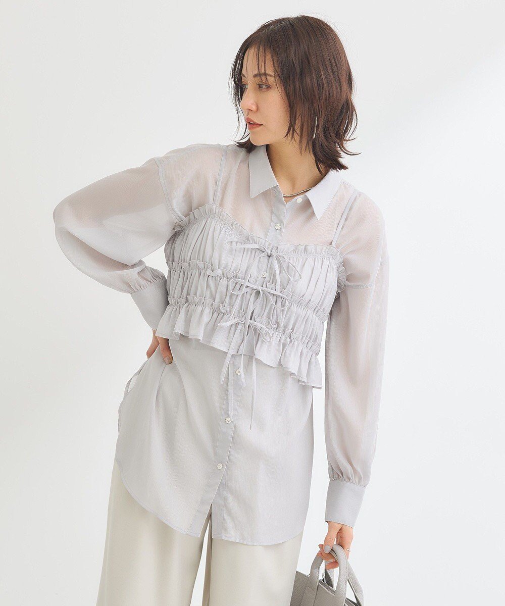 【グリーンパークス/Green Parks】の・ELENCARE DUE シアービスチェ付シャツ インテリア・キッズ・メンズ・レディースファッション・服の通販 founy(ファニー) 　ファッション　Fashion　レディースファッション　Fashion for Women　トップス・カットソー　Cut & Sew Tops　シャツ・ブラウス・オフィスカジュアル　Elegant Blouses & Button-Ups　ビスチェ　Bustiers & Corset Tops / Layered Bustier Style　おすすめ　Recommended / Our Picks　シャーリング　Shirring, Ruched　ビスチェ　Bustier, Corset Top　フィット　Fit, Slim Fit　フェミニン　Feminine, Girly　ポケット　Pocket, Pocket Detail　リボン　Ribbon, Bow　夏　Summer　春　Spring　S/S・春夏　SS, Spring/Summer, Warm Season　Gray|ID: prp329100004668494 ipo3291000000033758553