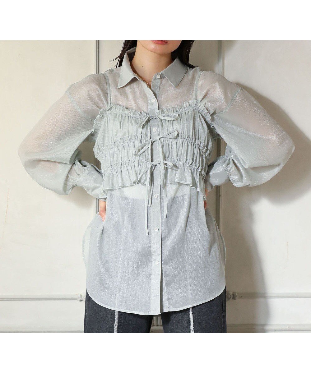 【グリーンパークス/Green Parks】の・ELENCARE DUE シアービスチェ付シャツ インテリア・キッズ・メンズ・レディースファッション・服の通販 founy(ファニー) 　ファッション　Fashion　レディースファッション　Fashion for Women　トップス・カットソー　Cut & Sew Tops　シャツ・ブラウス・オフィスカジュアル　Elegant Blouses & Button-Ups　ビスチェ　Bustiers & Corset Tops / Layered Bustier Style　おすすめ　Recommended / Our Picks　シャーリング　Shirring, Ruched　ビスチェ　Bustier, Corset Top　フィット　Fit, Slim Fit　フェミニン　Feminine, Girly　ポケット　Pocket, Pocket Detail　リボン　Ribbon, Bow　夏　Summer　春　Spring　S/S・春夏　SS, Spring/Summer, Warm Season　Green|ID: prp329100004668494 ipo3291000000033758555