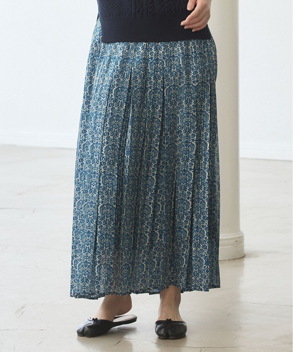 【ジェイプレスヨークストリート/J.PRESS YORK STREET】の【WOMEN】オリジナルタイルプリント ワイドプリーツスカート インテリア・キッズ・メンズ・レディースファッション・服の通販 founy(ファニー) 　ファッション　Fashion　レディースファッション　Fashion for Women　スカート　Skirts　プリーツスカート / 上品フェミニンスタイル　Pleated Skirts　おすすめ　Recommended / Our Picks　とろみ　Fluid, Flowy Fabric　エレガント 上品　Elegant　サテン　Satin, Glossy Fabric　ストライプ　Stripe, Striped Pattern　プリント　Print, Printed Pattern　プリーツ　Pleats, Pleated　夏　Summer　春　Spring　S/S・春夏　SS, Spring/Summer, Warm Season　ネイビー系5|ID: prp329100004668623 ipo3291000000033759036