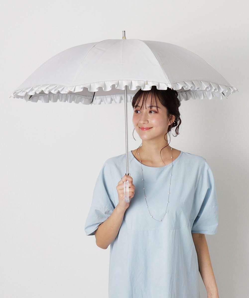 【ムーンバット/MOONBAT】の【一級遮光/晴雨兼用】LANVIN en Bleu (ランバン オン ブルー) 長傘 日傘 シャイニーフリル 遮光 遮熱 UV インテリア・キッズ・メンズ・レディースファッション・服の通販 founy(ファニー) 　ファッション　Fashion　レディースファッション　Fashion for Women　レイングッズ・傘・晴雨兼用傘　Umbrellas & Rain Gear　エレガント 上品　Elegant　傘　Umbrella, Parasol　シャイニー　Shiny, Glossy Finish　チャーム　Charm, Pendant　フリル　Frill, Ruffle　日傘　Parasol, UV Umbrella　無地　Plain, Solid Color　ブラック|ID: prp329100004668749 ipo3291000000033759482