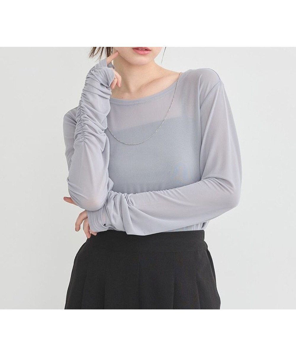 【アースミュージックアンドエコロジー/earth music&ecology】のシャーリングスリーブシアープルオーバー 人気、トレンドファッション・服の通販 founy(ファニー) 　ファッション　Fashion　レディースファッション　Fashion for Women　トップス・カットソー　Cut & Sew Tops　シャツ・ブラウス・オフィスカジュアル　Elegant Blouses & Button-Ups　ロングTシャツ・Tシャツ　Longline T-Shirts & Tees　カジュアルプルオーバー・ニットトップス　Pullovers & Knit Tops / Casual Pullovers　カットソー・ベーシックTシャツ　Cut-and-Sewn Tops / Stretch Tees & Basics　インナー　Innerwear　カットソー　Cut and Sewn Top　ギャザー　Gathered, Ruffled　シアー　Sheer, See-Through　シャーリング　Shirring, Ruched　スリーブ　Sleeve, Long Sleeve / Short Sleeve　フォルム　Silhouette, Form　ベーシック　Basic, Essential　ポケット　Pocket, Pocket Detail　ラウンド　Round, Round Neck　夏　Summer　春　Spring　S/S・春夏　SS, Spring/Summer, Warm Season　 other-1|ID: prp329100004669002 ipo3291000000033760297