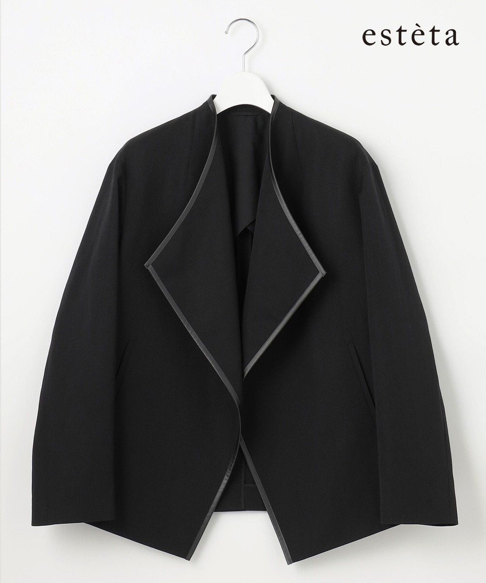 【23区/NIJYUSANKU】の【エステータ】ウールリネン レザートリミング ジャケット インテリア・キッズ・メンズ・レディースファッション・服の通販 founy(ファニー) 　ファッション　Fashion　レディースファッション　Fashion for Women　アウター　Coat / Outerwear Collection　レディースジャケット・軽アウター　Jackets　ノーカラージャケット / シンプル上品コーデ　Collarless Jackets　インナー　Innerwear　春　Spring　ショルダー　Shoulder, Shoulder Strap　ジャケット　Jacket, Outerwear　スタンド　Stand Collar, Upright Stand　雑誌　Magazine, Fashion Magazine　トリミング　Trimming, Decorative Edge　ドロップ　Drop Shoulder, Dropped Style　バランス　Balance, Style Balance　ビスチェ　Bustier, Corset Top　フロント　Front, Front Design　別注　Limited Edition, Custom Order　リアル　Real, Realistic　リネン　Linen, Linen Fabric　S/S・春夏　SS, Spring/Summer, Warm Season　おすすめ　Recommended / Our Picks　夏　Summer　ブラック系|ID: prp329100004669076 ipo3291000000033760556