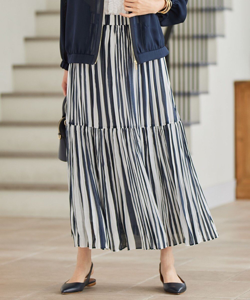 【自由区/JIYU-KU】の【接触冷感・洗える】ハンドワッシャープリーツストライプ スカート インテリア・キッズ・メンズ・レディースファッション・服の通販 founy(ファニー) 　ファッション　Fashion　レディースファッション　Fashion for Women　スカート　Skirts　プリーツスカート / 上品フェミニンスタイル　Pleated Skirts　シンプル　Simple, Minimal　ストライプ　Stripe, Striped Pattern　ティアード　Tiered, Tiered Style　フェミニン　Feminine, Girly　ブライト　Bright, Shiny　プリーツ　Pleats, Pleated　夏　Summer　旅行　Travel　春　Spring　S/S・春夏　SS, Spring/Summer, Warm Season　洗える　Machine Washable　ストライプ|ID: prp329100004669140 ipo3291000000033760732