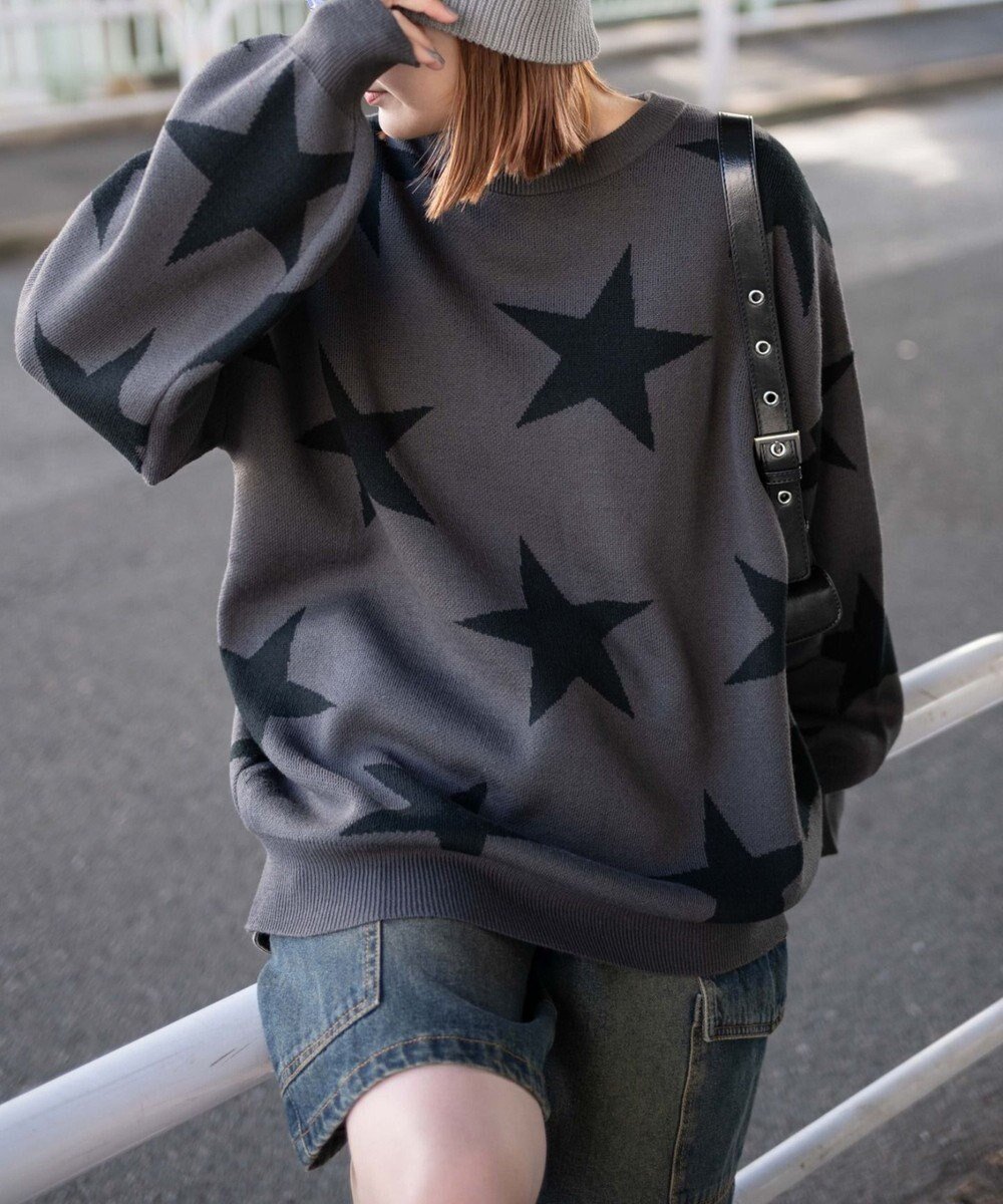 【ウィゴー/WEGO】のスタージャガードニットプルオーバー インテリア・キッズ・メンズ・レディースファッション・服の通販 founy(ファニー) 　ファッション　Fashion　レディースファッション　Fashion for Women　トップス・カットソー　Cut & Sew Tops　ニット　Knit Tops & Sweaters　カジュアルプルオーバー・ニットトップス　Pullovers & Knit Tops / Casual Pullovers　カーゴパンツ　Cargo Pants, Utility Pants　ショート　Short, Short Length　ジャケット　Jacket, Outerwear　スマホ　Smartphone, Mobile Device　セーター　Sweater, Knitwear　ダウン　Down, Puffer　デニム　Denim, Jeans Material　冬　Winter / This Winter　夏　Summer　春　Spring　S/S・春夏　SS, Spring/Summer, Warm Season　秋　Autumn　長袖　Long Sleeve, Full Sleeve　ダークグレー|ID: prp329100004669809 ipo3291000000033763982