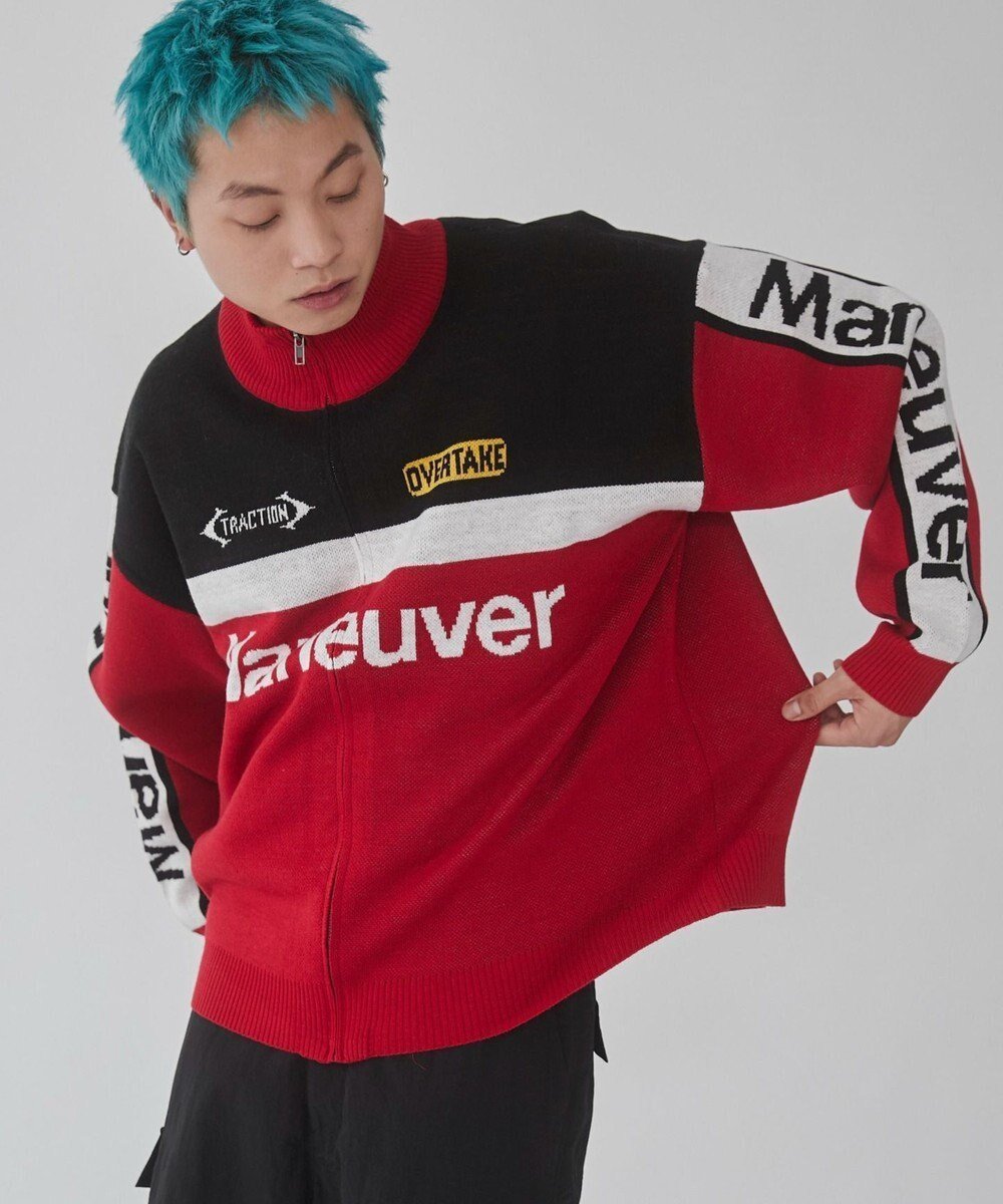 【ウィゴー/WEGO】の【ユニセックス着用ITEM】レーシンググラフィックニットブルゾン インテリア・キッズ・メンズ・レディースファッション・服の通販 founy(ファニー) 　ファッション　Fashion　レディースファッション　Fashion for Women　アウター　Coat / Outerwear Collection　ブルゾンジャケット・スポーティアウター　Blouson Jackets　トップス・カットソー　Cut & Sew Tops　ニット　Knit Tops & Sweaters　春　Spring　秋　Autumn　グラフィック　Graphic, Graphic Design　スマホ　Smartphone, Mobile Device　セーター　Sweater, Knitwear　デニム　Denim, Jeans Material　ビッグ　Big, Oversized　冬　Winter / This Winter　S/S・春夏　SS, Spring/Summer, Warm Season　夏　Summer　レッド|ID: prp329100004670290 ipo3291000000033765731