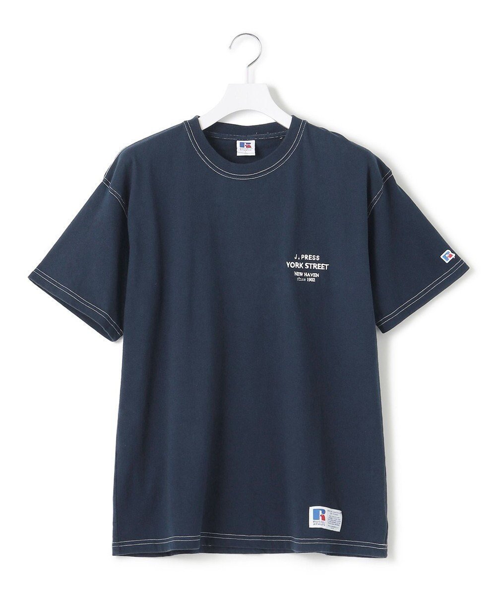 【ジェイプレスヨークストリート/J.PRESS YORK STREET】の【UNISEX】RUSSELL×YORK STREET ロゴTシャツ インテリア・キッズ・メンズ・レディースファッション・服の通販 founy(ファニー) 　ファッション　Fashion　レディースファッション　Fashion for Women　トップス・カットソー　Cut & Sew Tops　シャツ・ブラウス・オフィスカジュアル　Elegant Blouses & Button-Ups　ロングTシャツ・Tシャツ　Longline T-Shirts & Tees　カットソー・ベーシックTシャツ　Cut-and-Sewn Tops / Stretch Tees & Basics　アメリカン　American Style　春　Spring　カットソー　Cut and Sewn Top　スポーツ　Sports, Activewear　定番　Standard, Basic Item　プリント　Print, Printed Pattern　半袖　Short Sleeve, Half Sleeve　ユニセックス　Unisex, Genderless　ラッセル　Raschel, Raschel Lace　ラバー　Rubber, Rubber Sole　S/S・春夏　SS, Spring/Summer, Warm Season　夏　Summer　ネイビー系|ID: prp329100004670349 ipo3291000000033765969