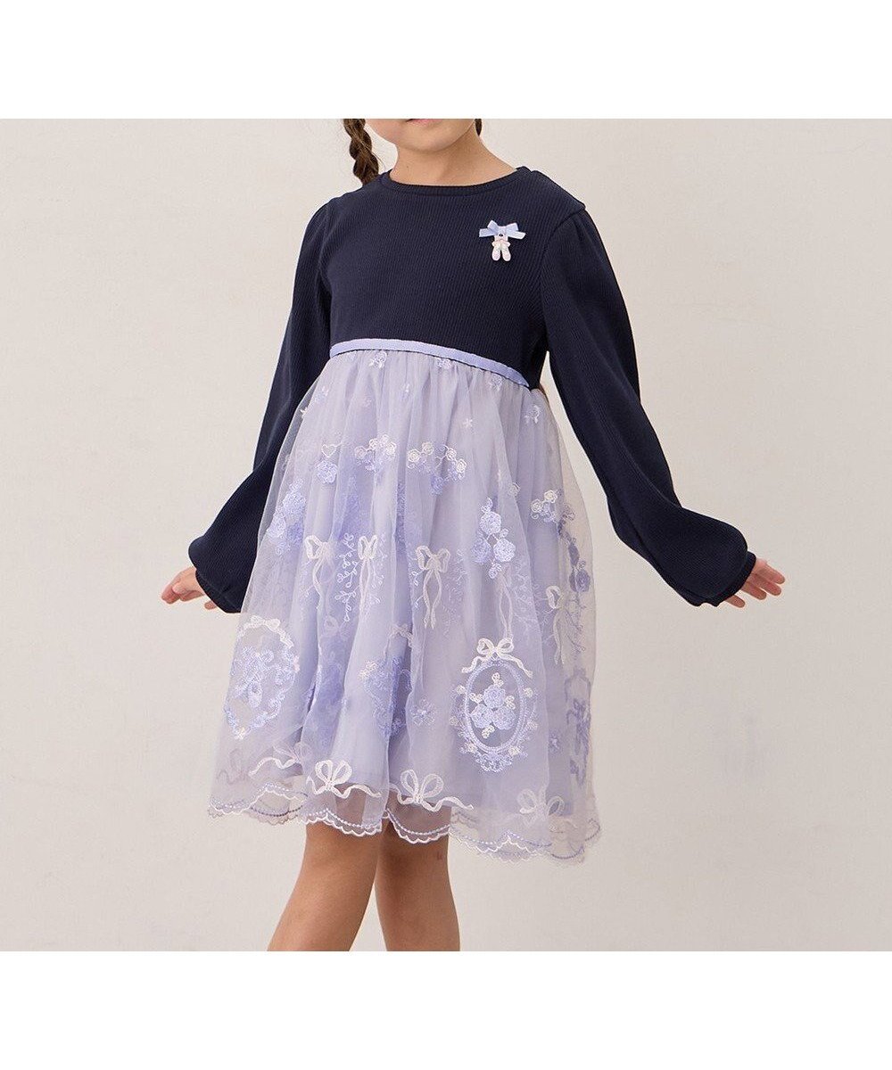 【エニィ/ANY / KIDS】のバレエ刺繍チュールワンピース インテリア・キッズ・メンズ・レディースファッション・服の通販 founy(ファニー) 　ファッション　Fashion　キッズファッション　Fashion for Kids　ワンピース　Dresses　チャーム　Charm, Pendant　チュール　Tulip, Tulip Motif　バレエ　Ballet, Ballet Style　ポケット　Pocket, Pocket Detail　モチーフ　Motif, Design Theme　リボン　Ribbon, Bow　エレガント 上品　Elegant　A/W・秋冬　Autumn/Winter　ネイビー×サックスブルー|ID: prp329100004670526 ipo3291000000033766499