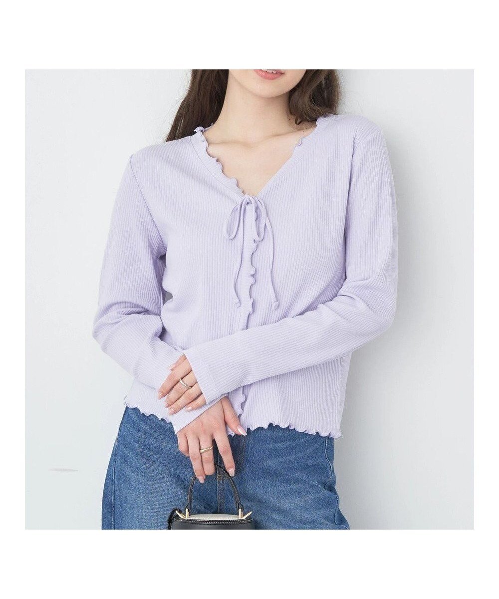【アースミュージックアンドエコロジー/earth music&ecology】のフリルデザインリボンカーディガン インテリア・キッズ・メンズ・レディースファッション・服の通販 founy(ファニー) ファッション Fashion レディースファッション Fashion for Women トップス・カットソー Cut & Sew Tops カーディガン・羽織り Layered Style Cardigans カーディガン Cardigan, Knitwear コンパクト Compact, Small Size バランス Balance, Style Balance フリル Frill, Ruffle フロント Front, Front Design ポケット Pocket, Pocket Detail リボン Ribbon, Bow 夏 Summer 春 Spring S/S・春夏 SS, Spring/Summer, Warm Season Light Purple|ID: prp329100004671238 ipo3291000000034280828