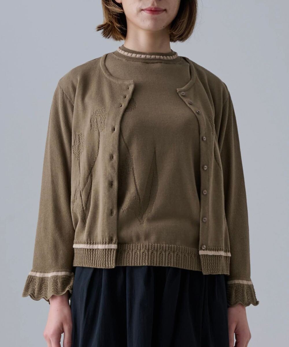 【ムーク/muuc】の〈細番手の高級綿糸コットンコーマ糸〉〈洗練された繊維の滑らかな肌触り〉〈お家で洗えるニット〉模様編み ポピーの花リンクス編み カーディガン インテリア・キッズ・メンズ・レディースファッション・服の通販 founy(ファニー) 　ファッション　Fashion　レディースファッション　Fashion for Women　トップス・カットソー　Cut & Sew Tops　ニット　Knit Tops & Sweaters　カーディガン・羽織り　Layered Style Cardigans　アンサンブル　Ensemble Set　春　Spring　洗える　Machine Washable　カーディガン　Cardigan, Knitwear　キャンバス　Canvas, Canvas Fabric　手編み　Hand-Knitted, Handmade Knit　ノースリーブ　Sleeveless, No-Sleeve　パターン　Pattern, Design Print　A/W・秋冬　Autumn/Winter　S/S・春夏　SS, Spring/Summer, Warm Season　再入荷　Restock / Back in Stock　夏　Summer　カーキブラウン|ID: prp329100004671363 ipo3291000000033769563