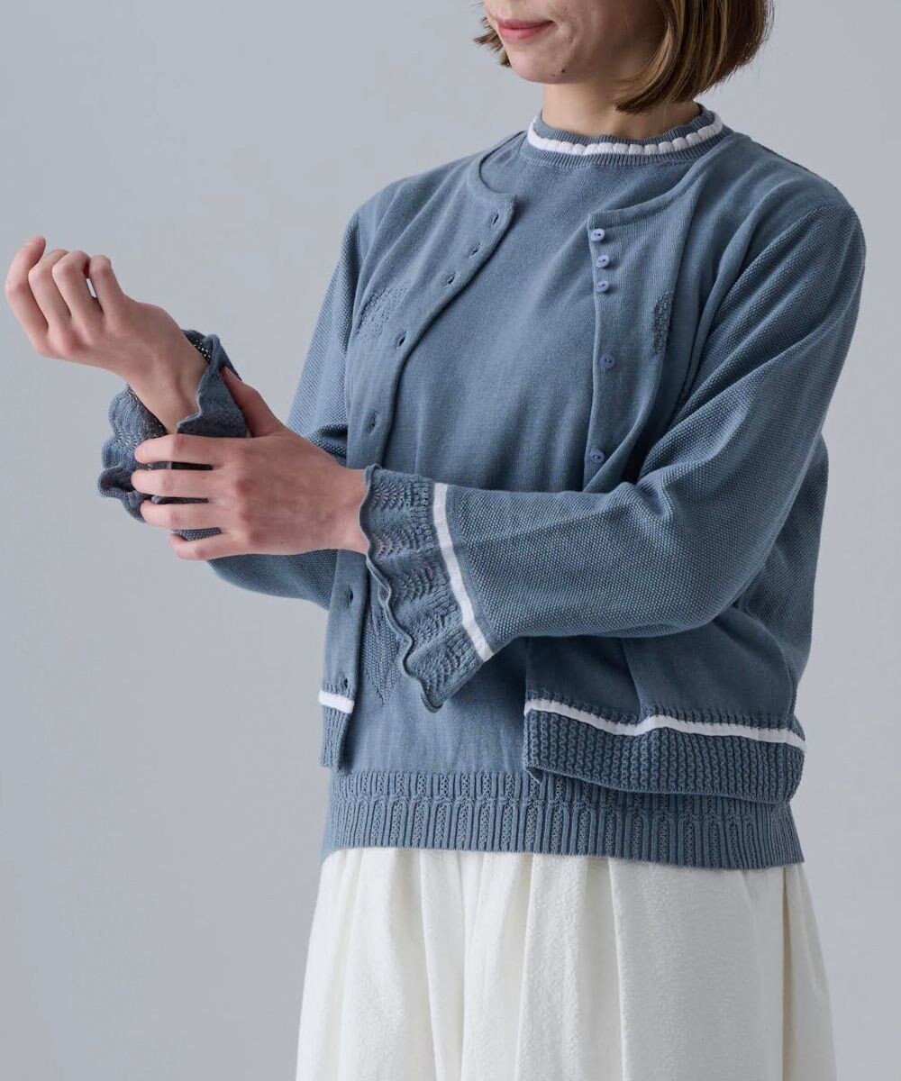 【ムーク/muuc】の〈細番手の高級綿糸コットンコーマ糸〉〈洗練された繊維の滑らかな肌触り〉〈お家で洗えるニット〉模様編み ポピーの花リンクス編み カーディガン インテリア・キッズ・メンズ・レディースファッション・服の通販 founy(ファニー) ファッション Fashion レディースファッション Fashion for Women トップス・カットソー Cut & Sew Tops ニット Knit Tops & Sweaters カーディガン・羽織り Layered Style Cardigans アンサンブル Ensemble Set 春 Spring 洗える Machine Washable カーディガン Cardigan, Knitwear キャンバス Canvas, Canvas Fabric 手編み Hand-Knitted, Handmade Knit ノースリーブ Sleeveless, No-Sleeve パターン Pattern, Design Print A/W・秋冬 Autumn/Winter S/S・春夏 SS, Spring/Summer, Warm Season 再入荷 Restock / Back in Stock 夏 Summer ブルー|ID: prp329100004671363 ipo3291000000034281255