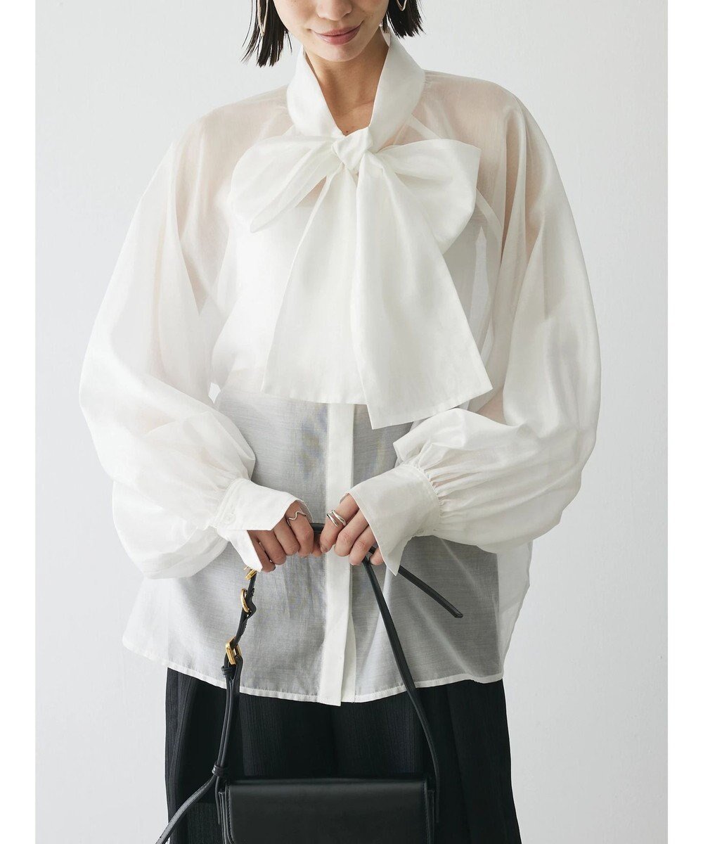 【グリーンパークス/Green Parks】のAnriettMusee シアーボウタイブラウス 人気、トレンドファッション・服の通販 founy(ファニー) 　ファッション　Fashion　レディースファッション　Fashion for Women　トップス・カットソー　Cut & Sew Tops　シャツ・ブラウス・オフィスカジュアル　Elegant Blouses & Button-Ups　エレガント 上品　Elegant　春　Spring　切替　Switching, Contrast Panel　シアー　Sheer, See-Through　シンプル　Simple, Minimal　スリーブ　Sleeve, Long Sleeve / Short Sleeve　フェミニン　Feminine, Girly　フランス　France, French　フロント　Front, Front Design　ポケット　Pocket, Pocket Detail　リボン　Ribbon, Bow　S/S・春夏　SS, Spring/Summer, Warm Season　夏　Summer　ビジネス 仕事 通勤　Business / Work / Commuting　 other-1|ID: prp329100004671510 ipo3291000000033770290
