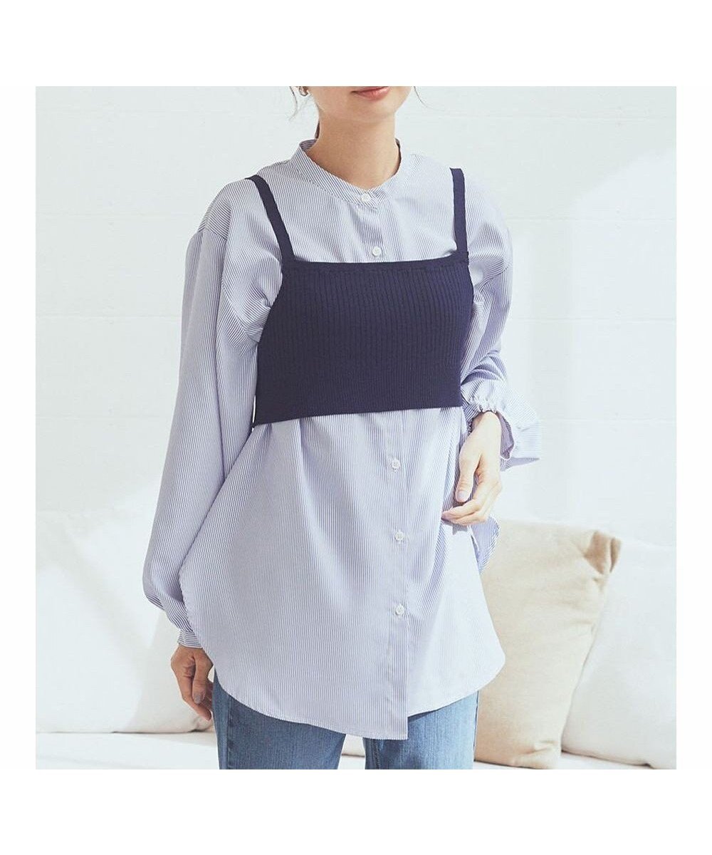 【アースミュージックアンドエコロジー/earth music&ecology】のSET2点ニットビスチェ+ノーカラーシャツ インテリア・キッズ・メンズ・レディースファッション・服の通販 founy(ファニー) ファッション Fashion レディースファッション Fashion for Women トップス・カットソー Cut & Sew Tops ニット Knit Tops & Sweaters シャツ・ブラウス・オフィスカジュアル Elegant Blouses & Button-Ups ビスチェ Bustiers & Corset Tops / Layered Bustier Style おすすめ Recommended / Our Picks デニム Denim, Jeans Material ビスチェ Bustier, Corset Top ポケット Pocket, Pocket Detail 夏 Summer 春 Spring S/S・春夏 SS, Spring/Summer, Warm Season Stripe|ID: prp329100004671596 ipo3291000000034284199