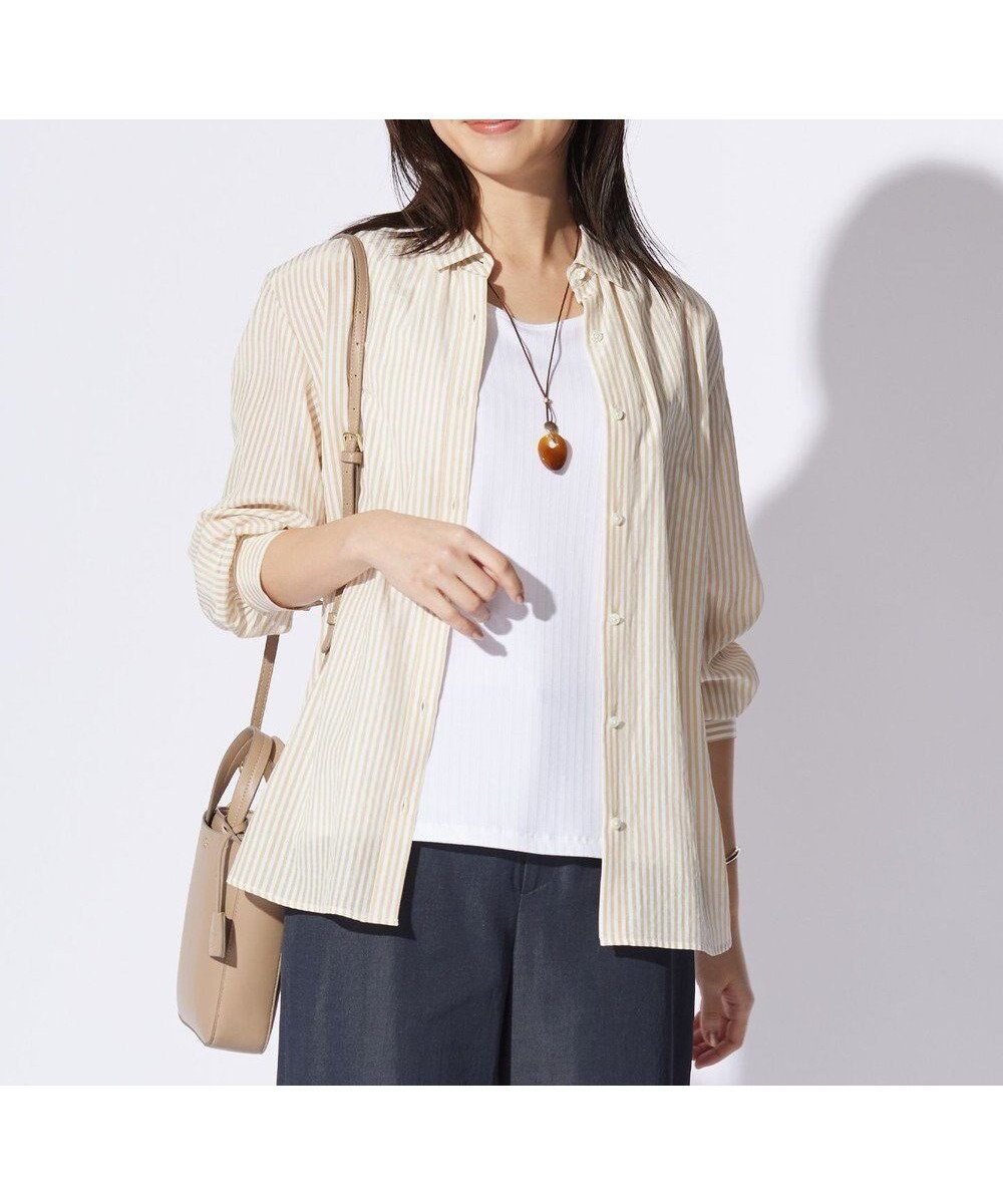 【ジェイ プレス/J.PRESS】の【洗える】コットンアセVis ストライプ シャツカラー ブラウス インテリア・キッズ・メンズ・レディースファッション・服の通販 founy(ファニー) ファッション Fashion レディースファッション Fashion for Women トップス・カットソー Cut & Sew Tops シャツ・ブラウス・オフィスカジュアル Elegant Blouses & Button-Ups 春 Spring 洗える Machine Washable カーディガン Cardigan, Knitwear ギャザー Gathered, Ruffled ジャケット Jacket, Outerwear ストライプ Stripe, Striped Pattern バランス Balance, Style Balance 羽織 Haori, Light Jacket S/S・春夏 SS, Spring/Summer, Warm Season おすすめ Recommended / Our Picks 夏 Summer ビジネス 仕事 通勤 Business / Work / Commuting ベージュ系1|ID: prp329100004671671 ipo3291000000034283752
