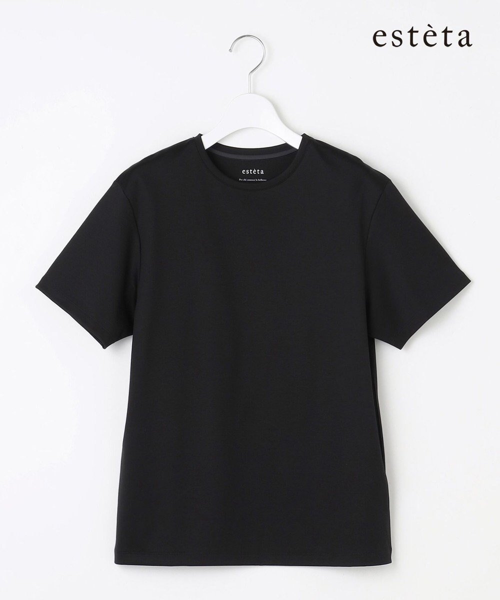 【23区/NIJYUSANKU】の【エステータ】スーピマコットン プレミアムジャージー 半袖Tシャツ インテリア・キッズ・メンズ・レディースファッション・服の通販 founy(ファニー) 　ファッション　Fashion　レディースファッション　Fashion for Women　トップス・カットソー　Cut & Sew Tops　シャツ・ブラウス・オフィスカジュアル　Elegant Blouses & Button-Ups　ロングTシャツ・Tシャツ　Longline T-Shirts & Tees　カットソー・ベーシックTシャツ　Cut-and-Sewn Tops / Stretch Tees & Basics　カットソー　Cut and Sewn Top　ジャケット　Jacket, Outerwear　ストレッチ　Stretch, Stretchy Fabric　プレミアム　Premium, High-End　ベーシック　Basic, Essential　ボトム　Bottoms, Lower Wear　半袖　Short Sleeve, Half Sleeve　A/W・秋冬　Autumn/Winter　ブラック系|ID: prp329100004671765 ipo3291000000033771412