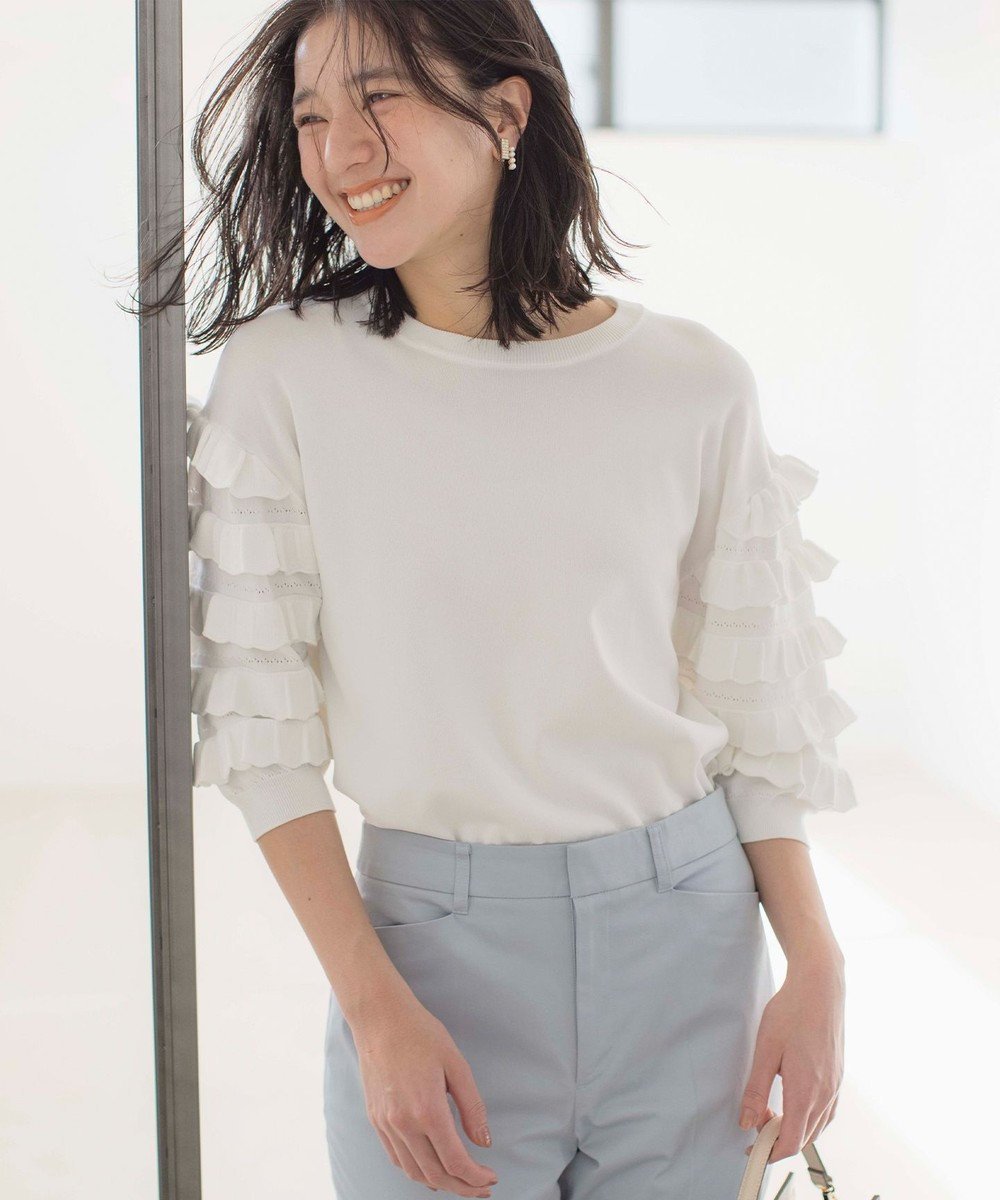 【組曲/KUMIKYOKU】の【WEB限定カラーあり】MINA 袖フリルニットプルオーバー インテリア・キッズ・メンズ・レディースファッション・服の通販 founy(ファニー) 　ファッション　Fashion　レディースファッション　Fashion for Women　トップス・カットソー　Cut & Sew Tops　ニット　Knit Tops & Sweaters　カジュアルプルオーバー・ニットトップス　Pullovers & Knit Tops / Casual Pullovers　春　Spring　ストレッチ　Stretch, Stretchy Fabric　スリット　Slit, Slit Detail　セーター　Sweater, Knitwear　フリル　Frill, Ruffle　レース　Lace, Lace Fabric　S/S・春夏　SS, Spring/Summer, Warm Season　夏　Summer　エレガント 上品　Elegant　アイボリー系|ID: prp329100004672914 ipo3291000000033775578