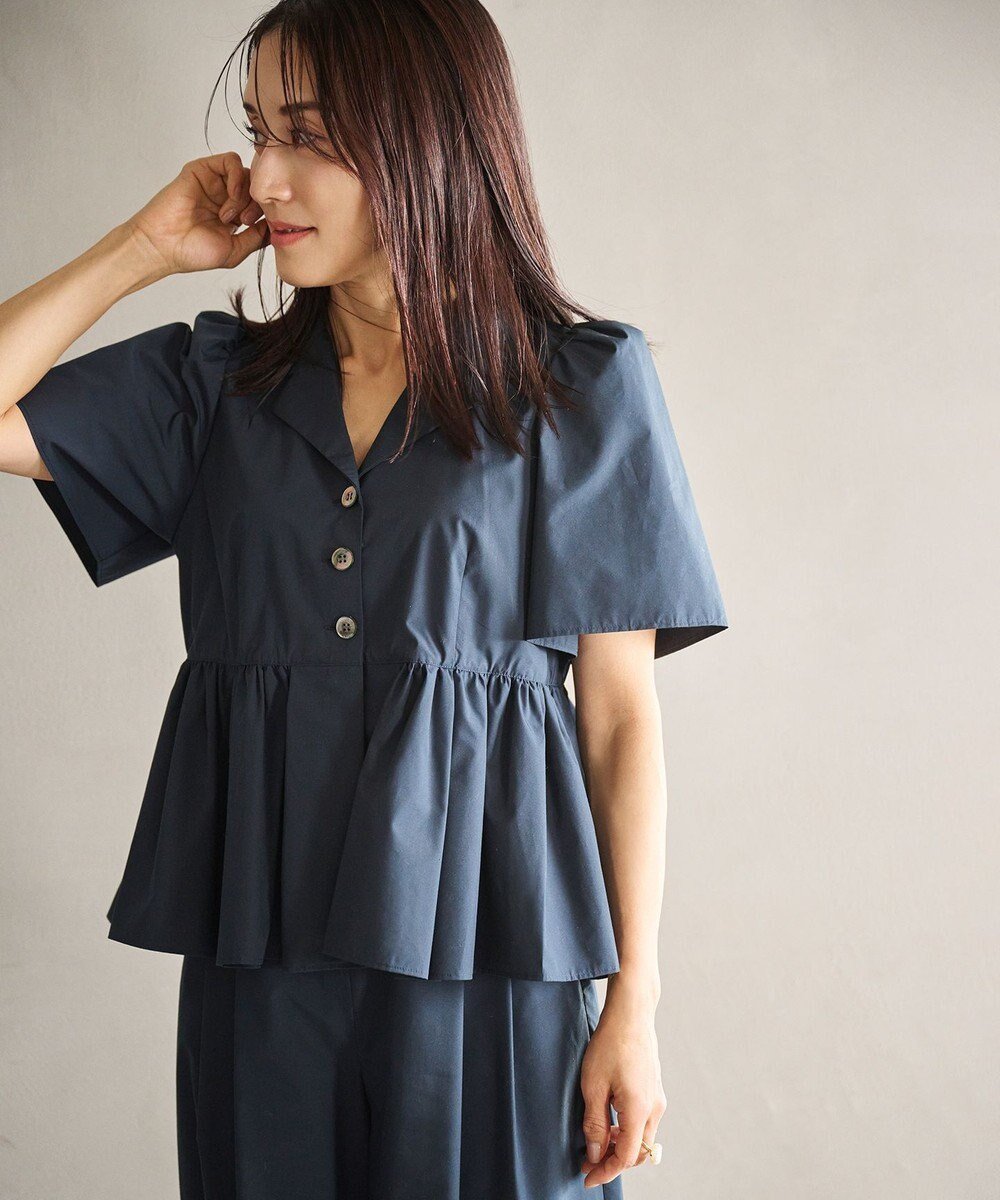 【ハッシュニュアンス/#Newans】の【セレモニーにも】オープンカラーペプラムブラウス インテリア・キッズ・メンズ・レディースファッション・服の通販 founy(ファニー) 　ファッション　Fashion　レディースファッション　Fashion for Women　トップス・カットソー　Cut & Sew Tops　シャツ・ブラウス・オフィスカジュアル　Elegant Blouses & Button-Ups　ギャザー　Gathered, Ruffled　クラシカル　Classical, Vintage-Inspired　クラシック　Classic, Timeless Style　スリーブ　Sleeve, Long Sleeve / Short Sleeve　セレモニー　Ceremony　ペプラム　Peplum, Flared Hem　夏　Summer　春　Spring　S/S・春夏　SS, Spring/Summer, Warm Season　洗える　Machine Washable　ネイビー|ID: prp329100004673131 ipo3291000000034287503