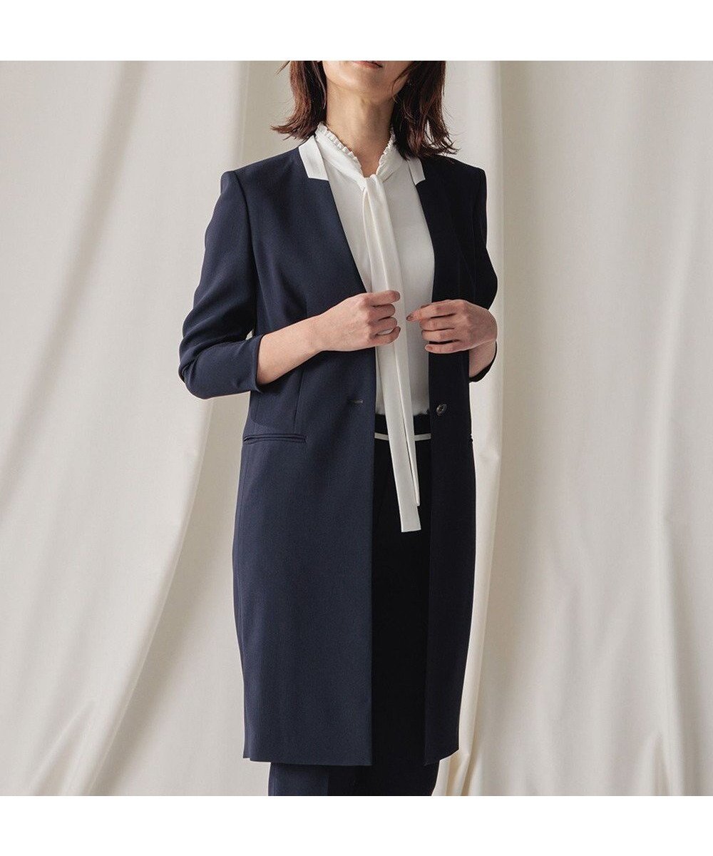 【ベイジ,/BEIGE,】のCINDY / ノーカラーロングジャケット インテリア・キッズ・メンズ・レディースファッション・服の通販 founy(ファニー) 　ファッション　Fashion　レディースファッション　Fashion for Women　アウター　Coat / Outerwear Collection　レディースジャケット・軽アウター　Jackets　ノーカラージャケット / シンプル上品コーデ　Collarless Jackets　オケージョン　Occasion Wear　サテン　Satin, Glossy Fabric　ジャケット　Jacket, Outerwear　ストレッチ　Stretch, Stretchy Fabric　スーツ　Suit, Formalwear　トリミング　Trimming, Decorative Edge　人気　Popular, Best Seller　ボトム　Bottoms, Lower Wear　ロング　Long, Long-Length　A/W・秋冬　Autumn/Winter　S/S・春夏　SS, Spring/Summer, Warm Season　夏　Summer　ビジネス 仕事 通勤　Business / Work / Commuting　Navy × White|ID: prp329100004673984 ipo3291000000033779727