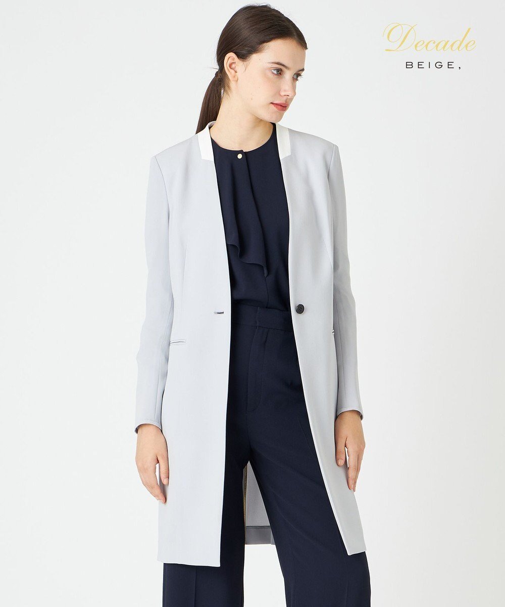 【ベイジ,/BEIGE,】のCINDY / ノーカラーロングジャケット インテリア・キッズ・メンズ・レディースファッション・服の通販 founy(ファニー) 　ファッション　Fashion　レディースファッション　Fashion for Women　アウター　Coat / Outerwear Collection　レディースジャケット・軽アウター　Jackets　ノーカラージャケット / シンプル上品コーデ　Collarless Jackets　オケージョン　Occasion Wear　サテン　Satin, Glossy Fabric　ジャケット　Jacket, Outerwear　ストレッチ　Stretch, Stretchy Fabric　スーツ　Suit, Formalwear　トリミング　Trimming, Decorative Edge　ボトム　Bottoms, Lower Wear　ロング　Long, Long-Length　人気　Popular, Best Seller　ビジネス 仕事 通勤　Business / Work / Commuting　夏　Summer　S/S・春夏　SS, Spring/Summer, Warm Season　A/W・秋冬　Autumn/Winter　Ice blue × White|ID: prp329100004673984 ipo3291000000034290145