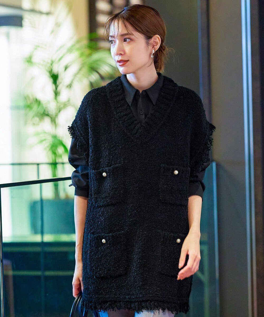 【ティアクラッセ/Tiaclasse】の【洗える】ツイード見えフリンジニットベスト インテリア・キッズ・メンズ・レディースファッション・服の通販 founy(ファニー) 　ファッション　Fashion　レディースファッション　Fashion for Women　アウター　Coat / Outerwear Collection　トップス・カットソー　Cut & Sew Tops　ニット　Knit Tops & Sweaters　ベスト&ジレ / 重ね着スタイル　Vests & Gilets　ウォッシャブル　Machine Washable　カーディガン　Cardigan, Knitwear　タートル　Turtleneck, Turtle Collar　ツイード　Twill, Twill Weave　パール　Pearl, Pearl Accent　フリンジ　Fringe, Tassel　ベスト　Vest, Waistcoat　ポケット　Pocket, Pocket Detail　再入荷　Restock / Back in Stock　冬　Winter / This Winter　台形　A-Line, Trapezoid Shape　新作・新入荷　New Arrivals / New In　春　Spring　洗える　Machine Washable　秋　Autumn　A/W・秋冬　Autumn/Winter　ブラック|ID: prp329100004674694 ipo3291000000034526426