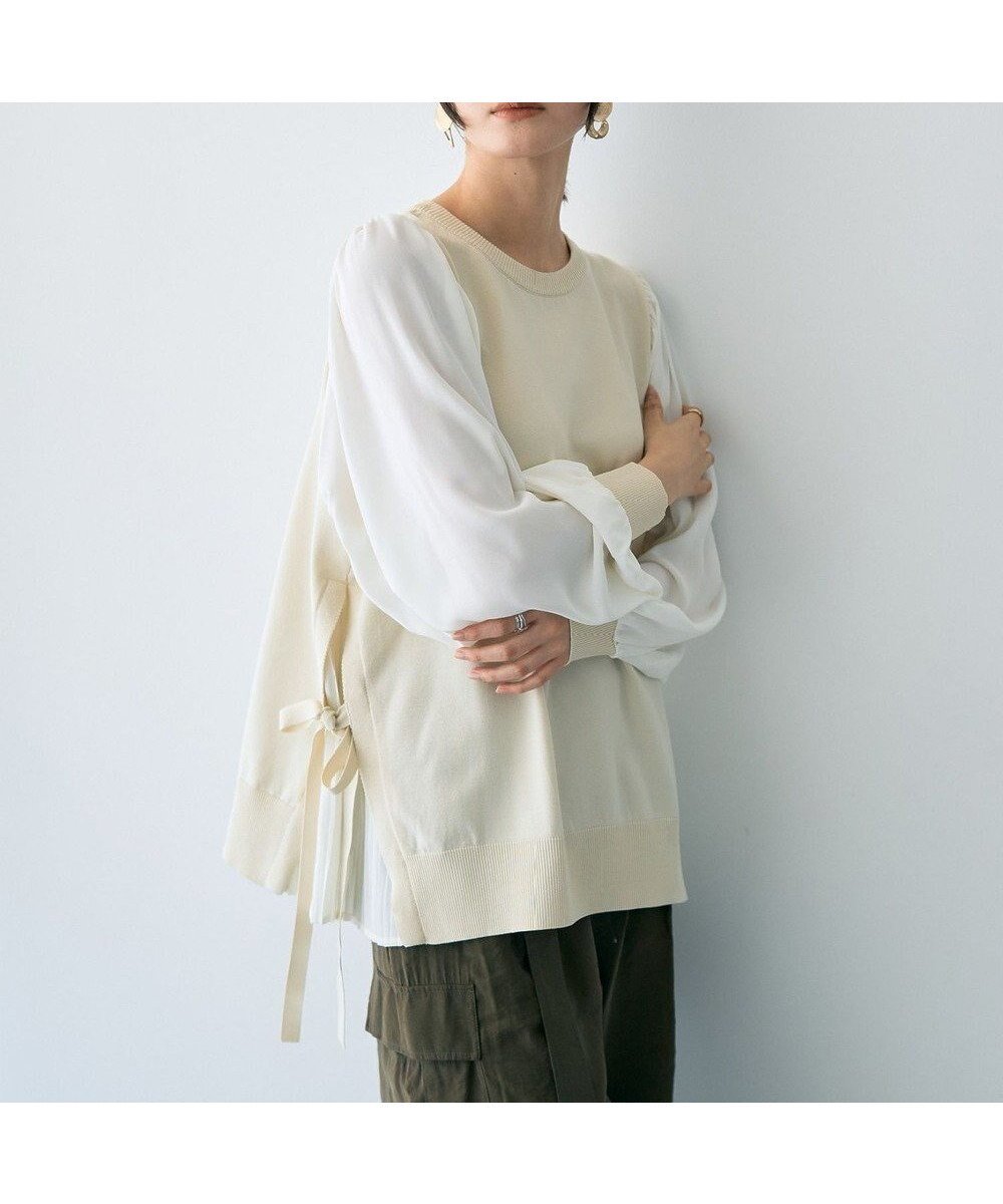 【イェッカ ヴェッカ/YECCA VECCA】のサイドプリーツ異素材MIXプルオーバー インテリア・キッズ・メンズ・レディースファッション・服の通販 founy(ファニー) ファッション Fashion レディースファッション Fashion for Women トップス・カットソー Cut & Sew Tops ニット Knit Tops & Sweaters カジュアルプルオーバー・ニットトップス Pullovers & Knit Tops / Casual Pullovers おすすめ Recommended / Our Picks シフォン Chiffon, Lightweight Fabric スリーブ Sleeve, Long Sleeve / Short Sleeve セーター Sweater, Knitwear ドッキング Docking, Mixed Material フェミニン Feminine, Girly プリーツ Pleats, Pleated ポケット Pocket, Pocket Detail リボン Ribbon, Bow 夏 Summer S/S・春夏 SS, Spring/Summer, Warm Season A/W・秋冬 Autumn/Winter Ivory|ID: prp329100004677303 ipo3291000000033792836