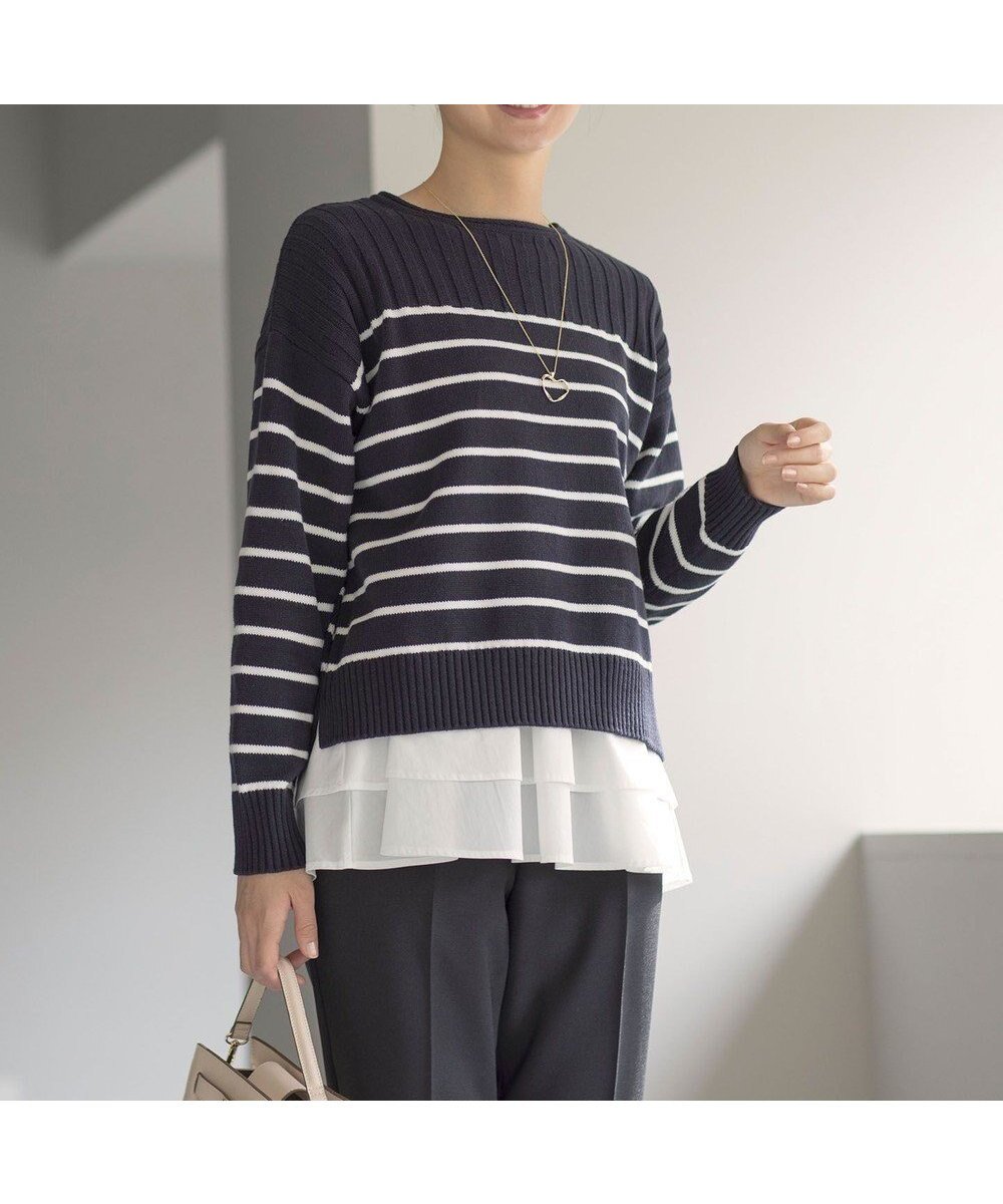 【組曲/KUMIKYOKU】の華奢見え パネルボーダーニット インテリア・キッズ・メンズ・レディースファッション・服の通販 founy(ファニー) 　ファッション　Fashion　レディースファッション　Fashion for Women　トップス・カットソー　Cut & Sew Tops　ニット　Knit Tops & Sweaters　アクリル　Acrylic Material　インナー　Innerwear　春　Spring　秋　Autumn　クロップド　Cropped, Short Length　切替　Switching, Contrast Panel　ショルダー　Shoulder, Shoulder Strap　セーター　Sweater, Knitwear　ドロップ　Drop Shoulder, Dropped Style　定番　Standard, Basic Item　ハイネック　High Neck, Mock Neck　パイピング　Piping, Trim Design　ボーダー　Border, Stripe　ミドル　Middle Length, Mid Height　ワイドリブ　Wide Rib, Wide Ribbed Knit　冬　Winter / This Winter　S/S・春夏　SS, Spring/Summer, Warm Season　夏　Summer　ネイビー×オフ系1|ID: prp329100004679929 ipo3291000000033805220