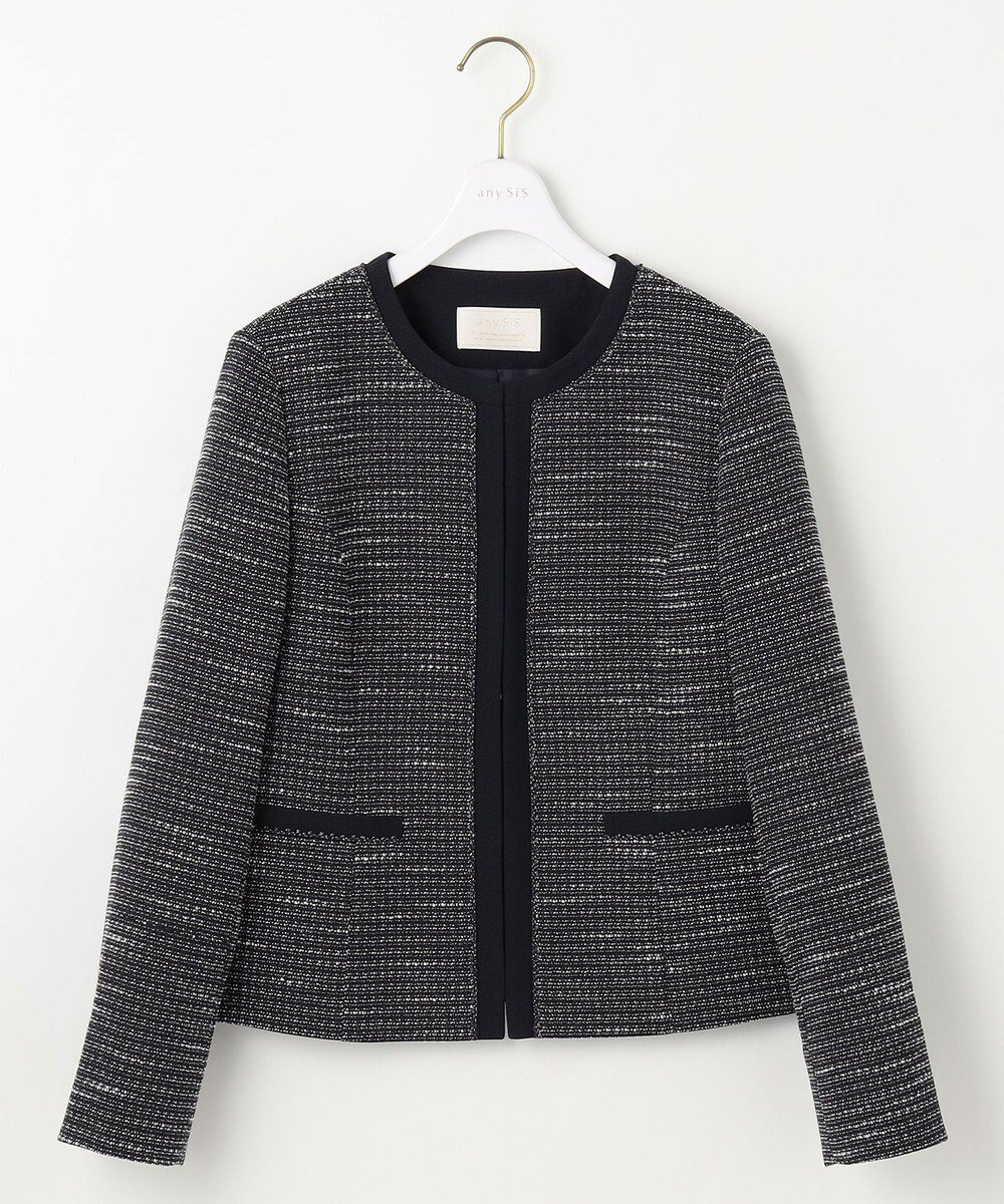 【エニィ スィス/any SiS】のリップルボーダーストレッチ ジャケット インテリア・キッズ・メンズ・レディースファッション・服の通販 founy(ファニー) 　ファッション　Fashion　レディースファッション　Fashion for Women　アウター　Coat / Outerwear Collection　レディースジャケット・軽アウター　Jackets　ノーカラージャケット / シンプル上品コーデ　Collarless Jackets　春　Spring　シャイニー　Shiny, Glossy Finish　シンプル　Simple, Minimal　ジャケット　Jacket, Outerwear　ストレッチ　Stretch, Stretchy Fabric　スリット　Slit, Slit Detail　ツイード　Twill, Twill Weave　定番　Standard, Basic Item　ペプラム　Peplum, Flared Hem　ボーダー　Border, Stripe　ポケット　Pocket, Pocket Detail　S/S・春夏　SS, Spring/Summer, Warm Season　おすすめ　Recommended / Our Picks　夏　Summer　エレガント 上品　Elegant　セレモニー　Ceremony　新作・新入荷　New Arrivals / New In　ネイビーシャンブレー|ID: prp329100004680351 ipo3291000000033807046
