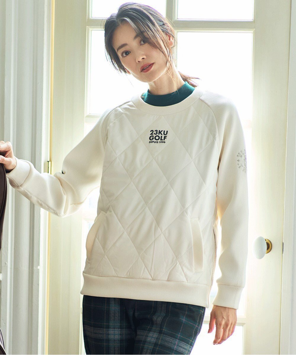 【23区 ゴルフ/NIJYUSANKU GOLF】の【WOMEN】中綿キルトプルオーバー 着脱楽ちん 便利なポケット付 1枚で決まる インテリア・キッズ・メンズ・レディースファッション・服の通販 founy(ファニー) 　ファッション　Fashion　レディースファッション　Fashion for Women　キルト　Quilt, Quilted Fabric　シンプル　Simple, Minimal　ジャケット　Jacket, Outerwear　フロント　Front, Front Design　プリント　Print, Printed Pattern　ポケット　Pocket, Pocket Detail　メンズ　Men's, Menswear　楽ちん　Easy Fit, Comfortable　A/W・秋冬　Autumn/Winter　アイボリー系|ID: prp329100004681120 ipo3291000000035575014