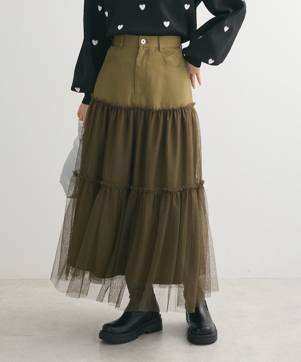 【グリーンパークス/Green Parks】の・ELENCARE DUE ハイブリットティアードスカート インテリア・キッズ・メンズ・レディースファッション・服の通販 founy(ファニー) 　ファッション　Fashion　レディースファッション　Fashion for Women　スカート　Skirts　ティアードスカート　Tiered Skirts　おすすめ　Recommended / Our Picks　シンプル　Simple, Minimal　チュール　Tulip, Tulip Motif　フェミニン　Feminine, Girly　ポケット　Pocket, Pocket Detail　今季　This Season, Current Season　A/W・秋冬　Autumn/Winter　Khaki|ID: prp329100004682035 ipo3291000000033814758