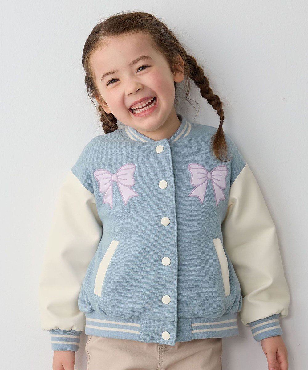 【エニィ/ANY / KIDS】のリボンスタジャン インテリア・キッズ・メンズ・レディースファッション・服の通販 founy(ファニー) 　ファッション　Fashion　キッズファッション　Fashion for Kids　アウター　Coat Outerwear /Kids　ガーリー　Girly, Feminine Style　ジャケット　Jacket, Outerwear　ポケット　Pocket, Pocket Detail　ミックス　Mix, Mixed Style　リボン　Ribbon, Bow　A/W・秋冬　Autumn/Winter　サックスブルー|ID: prp329100004683274 ipo3291000000034209989