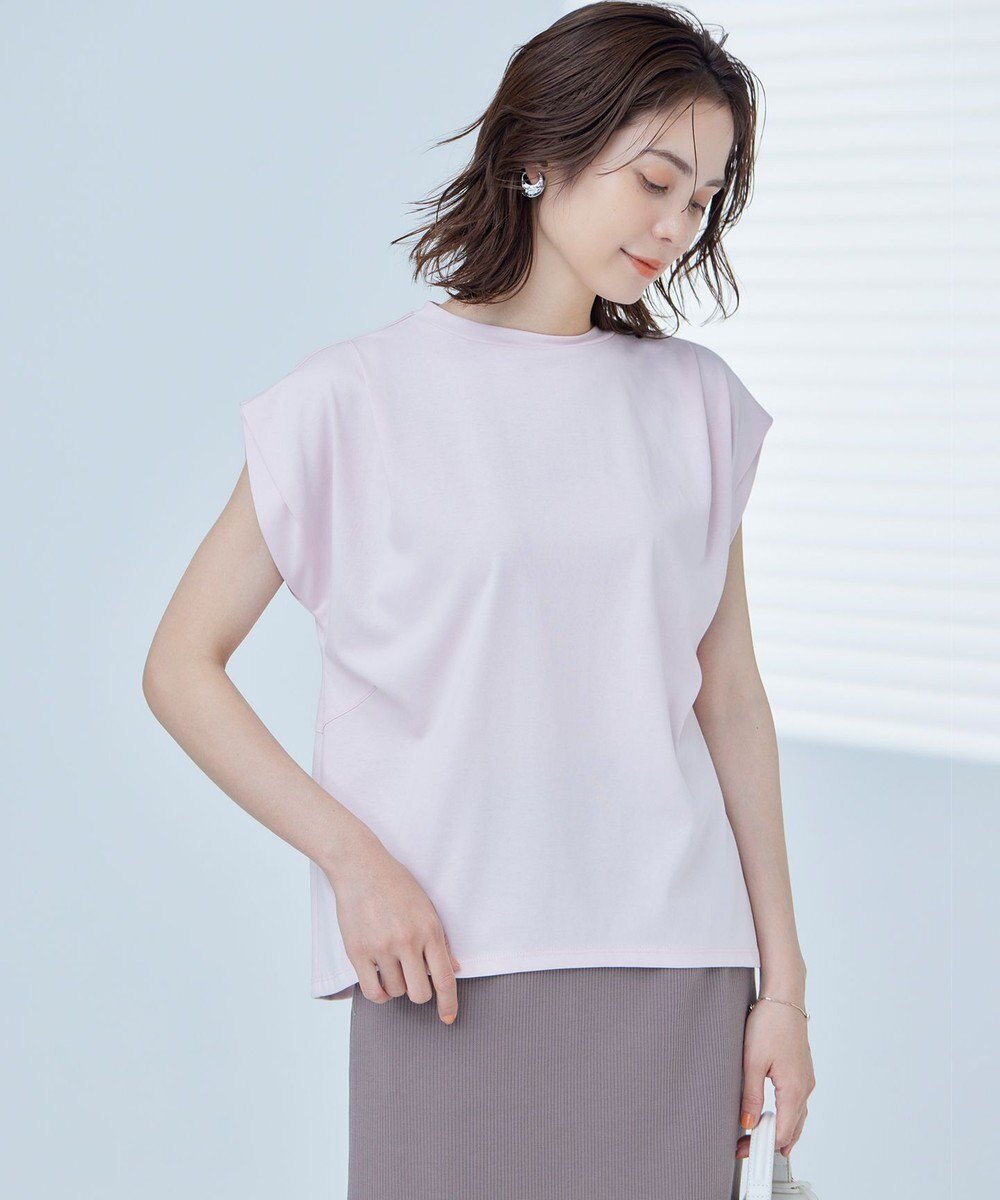 【組曲/KUMIKYOKU】の【UVケア・接触冷感】GIZAプレーティング天竺フレンチスリーブ Tシャツ インテリア・キッズ・メンズ・レディースファッション・服の通販 founy(ファニー) 　ファッション　Fashion　レディースファッション　Fashion for Women　トップス・カットソー　Cut & Sew Tops　シャツ・ブラウス・オフィスカジュアル　Elegant Blouses & Button-Ups　ロングTシャツ・Tシャツ　Longline T-Shirts & Tees　カットソー・ベーシックTシャツ　Cut-and-Sewn Tops / Stretch Tees & Basics　春　Spring　カッティング　Cutting Detail　カットソー　Cut and Sewn Top　吸水　Absorbent, Quick-Dry　スリーブ　Sleeve, Long Sleeve / Short Sleeve　フレンチ　French, French Style　ボトム　Bottoms, Lower Wear　S/S・春夏　SS, Spring/Summer, Warm Season　夏　Summer　エレガント 上品　Elegant　ピンク系|ID: prp329100004683370 ipo3291000000033822557