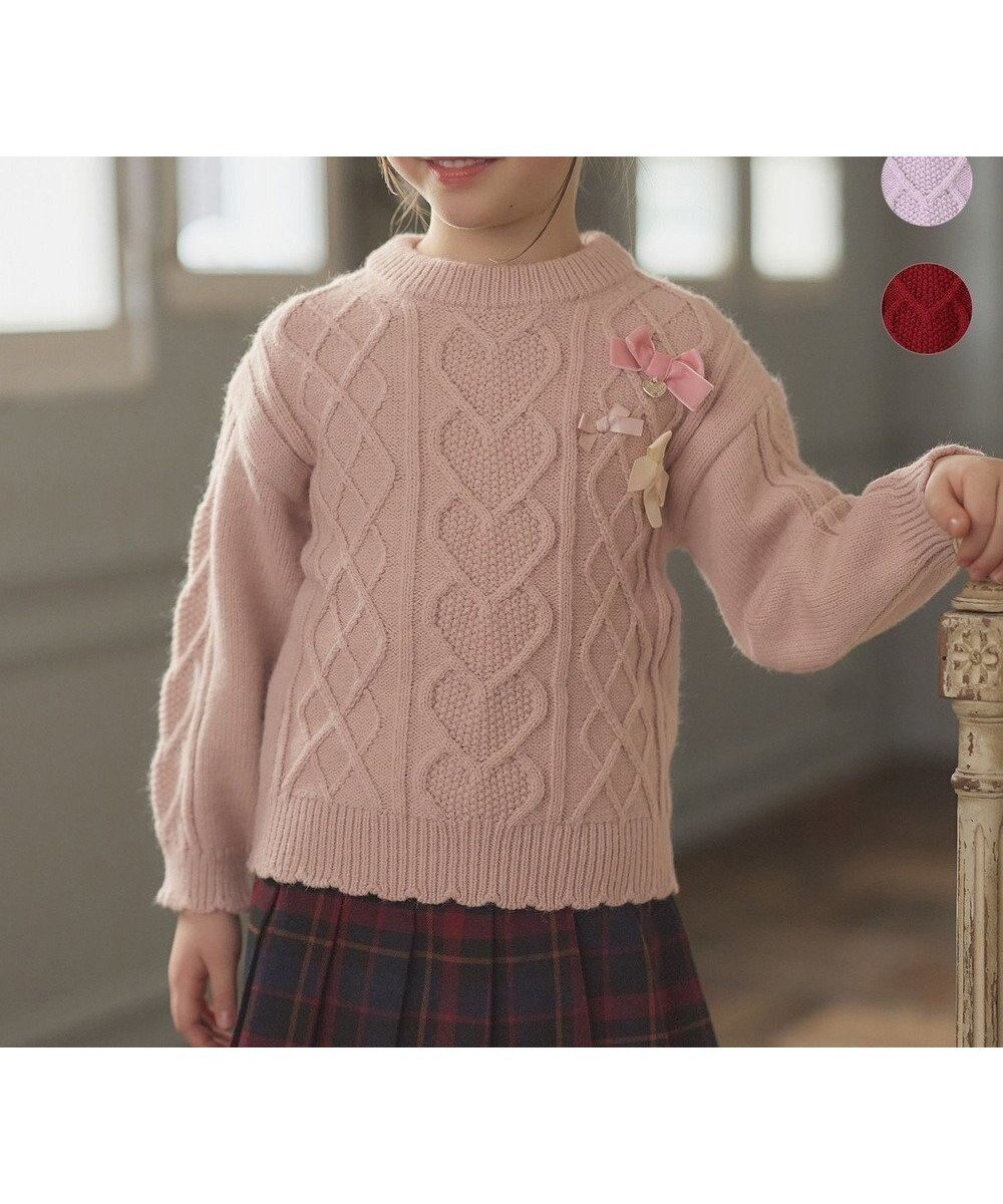 【エニィ/ANY / KIDS】のリボン ケーブル ニット インテリア・キッズ・メンズ・レディースファッション・服の通販 founy(ファニー) 　ファッション　Fashion　キッズファッション　Fashion for Kids　トップス・カットソー　Cut & Sew Tops　セーター　Sweater, Knitwear　ポケット　Pocket, Pocket Detail　リボン　Ribbon, Bow　冬　Winter / This Winter　定番　Standard, Basic Item　A/W・秋冬　Autumn/Winter　ピンク|ID: prp329100004684760 ipo3291000000033831674