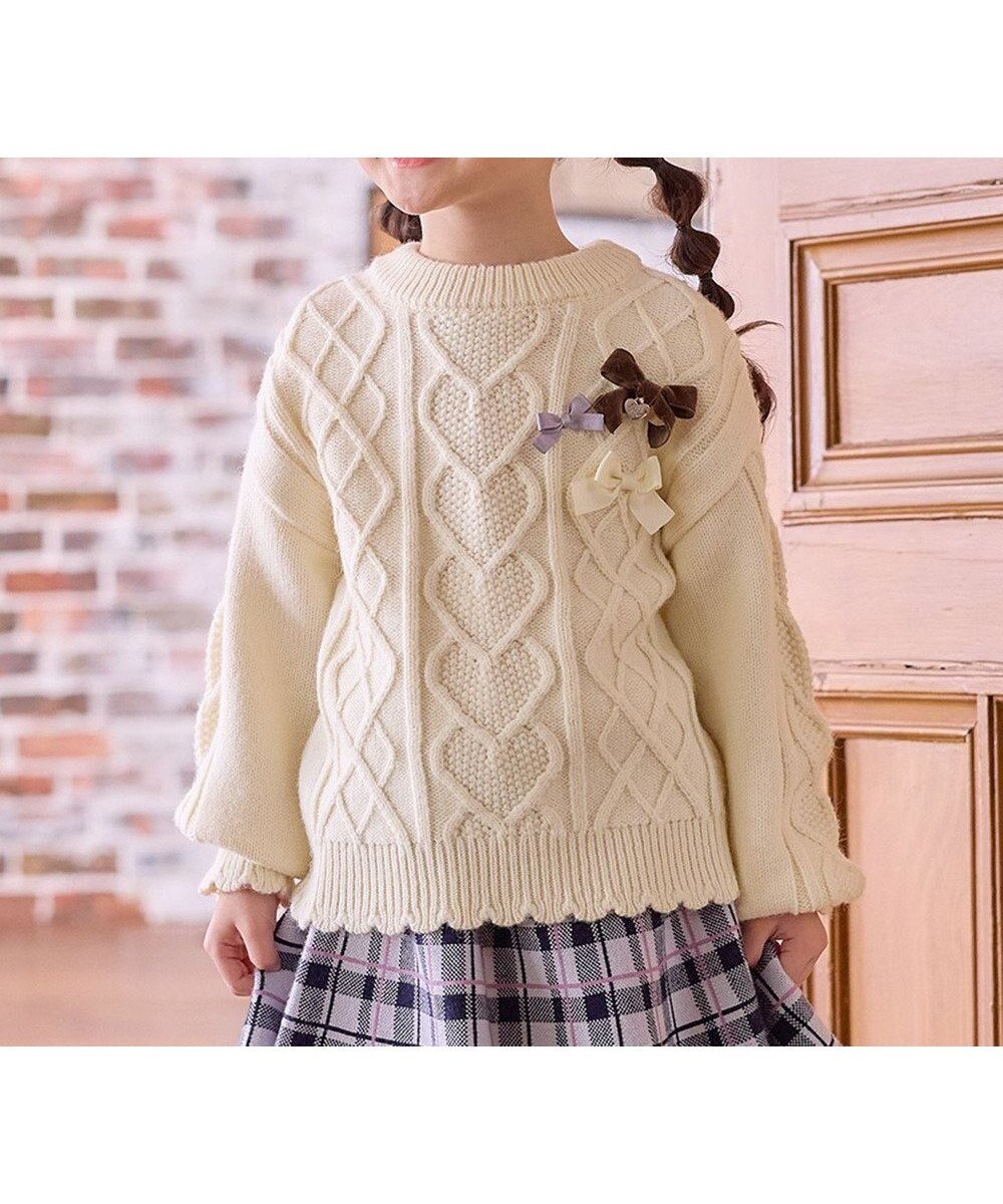 【エニィ/ANY / KIDS】のリボン ケーブル ニット インテリア・キッズ・メンズ・レディースファッション・服の通販 founy(ファニー) 　ファッション　Fashion　キッズファッション　Fashion for Kids　トップス・カットソー　Cut & Sew Tops　セーター　Sweater, Knitwear　ポケット　Pocket, Pocket Detail　リボン　Ribbon, Bow　冬　Winter / This Winter　定番　Standard, Basic Item　A/W・秋冬　Autumn/Winter　エクリュ|ID: prp329100004684760 ipo3291000000033831675