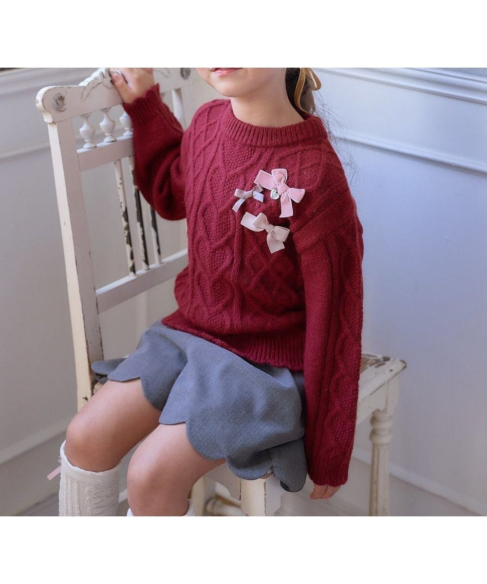 【エニィ/ANY / KIDS】のリボン ケーブル ニット インテリア・キッズ・メンズ・レディースファッション・服の通販 founy(ファニー) 　ファッション　Fashion　キッズファッション　Fashion for Kids　トップス・カットソー　Cut & Sew Tops　セーター　Sweater, Knitwear　ポケット　Pocket, Pocket Detail　リボン　Ribbon, Bow　冬　Winter / This Winter　定番　Standard, Basic Item　A/W・秋冬　Autumn/Winter　ワインレッド|ID: prp329100004684760 ipo3291000000033831676